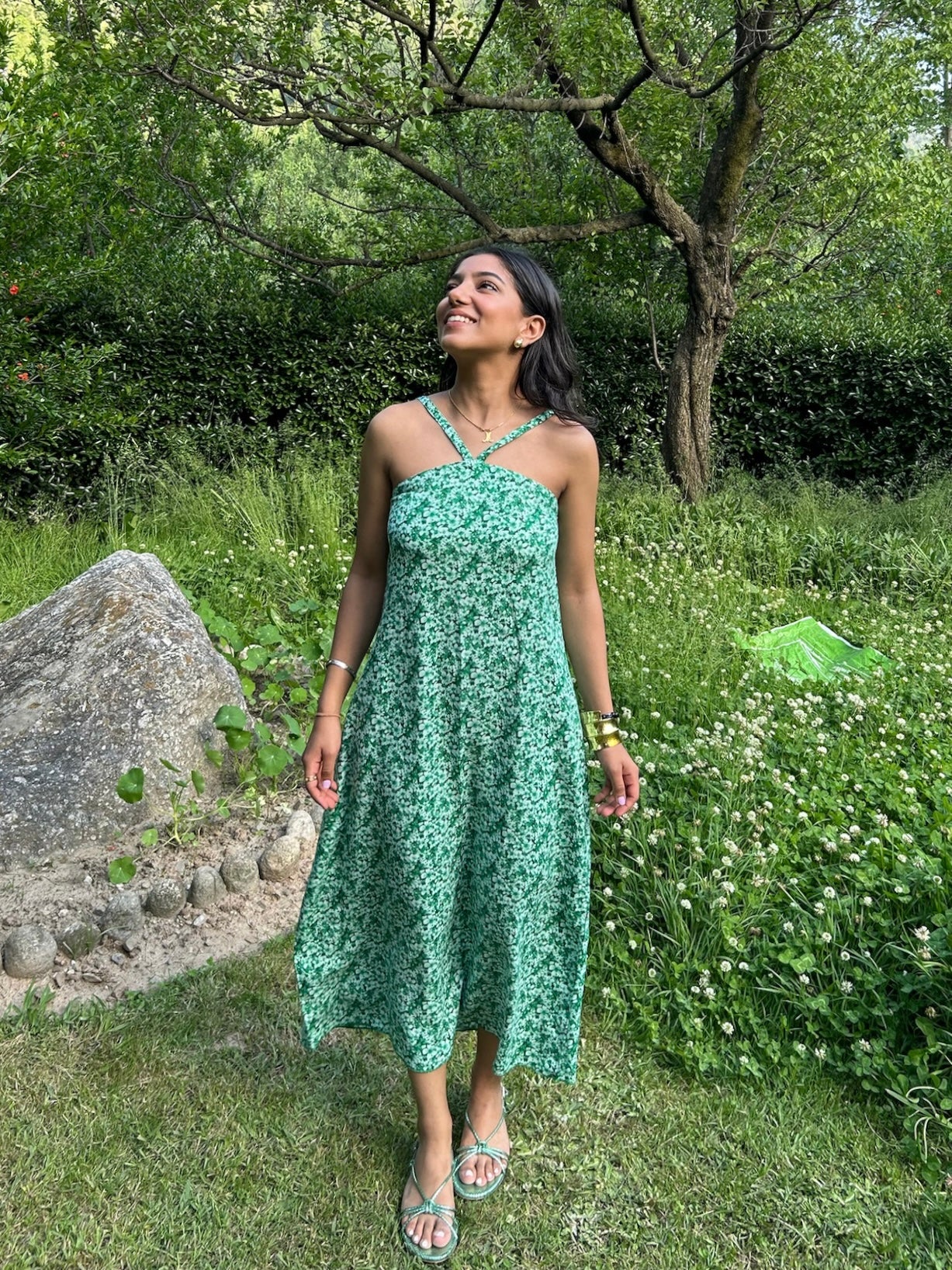 Halter Cotton Linen Blend Printed Dress