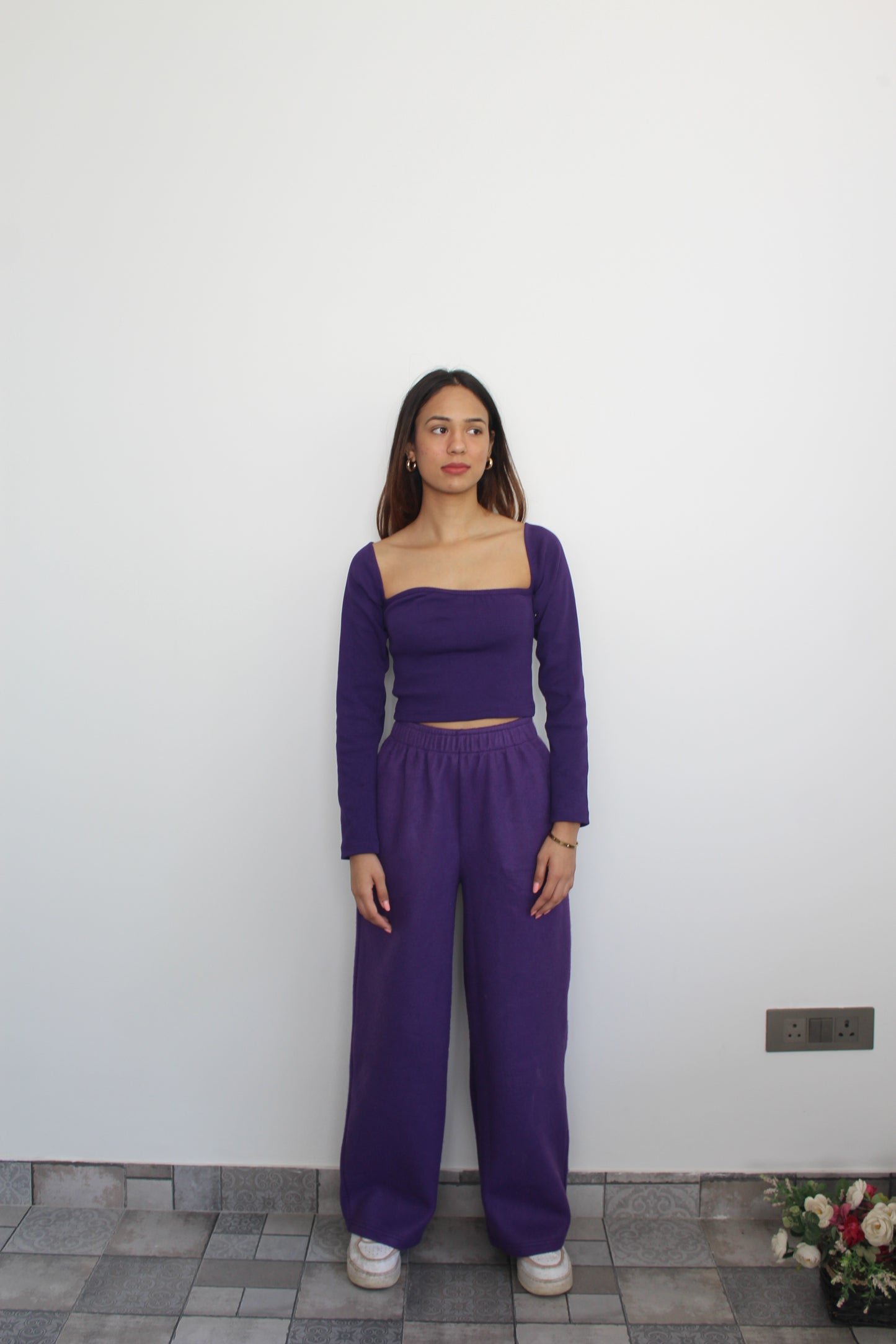 Cotton Fleece Dark Purple Crop Set