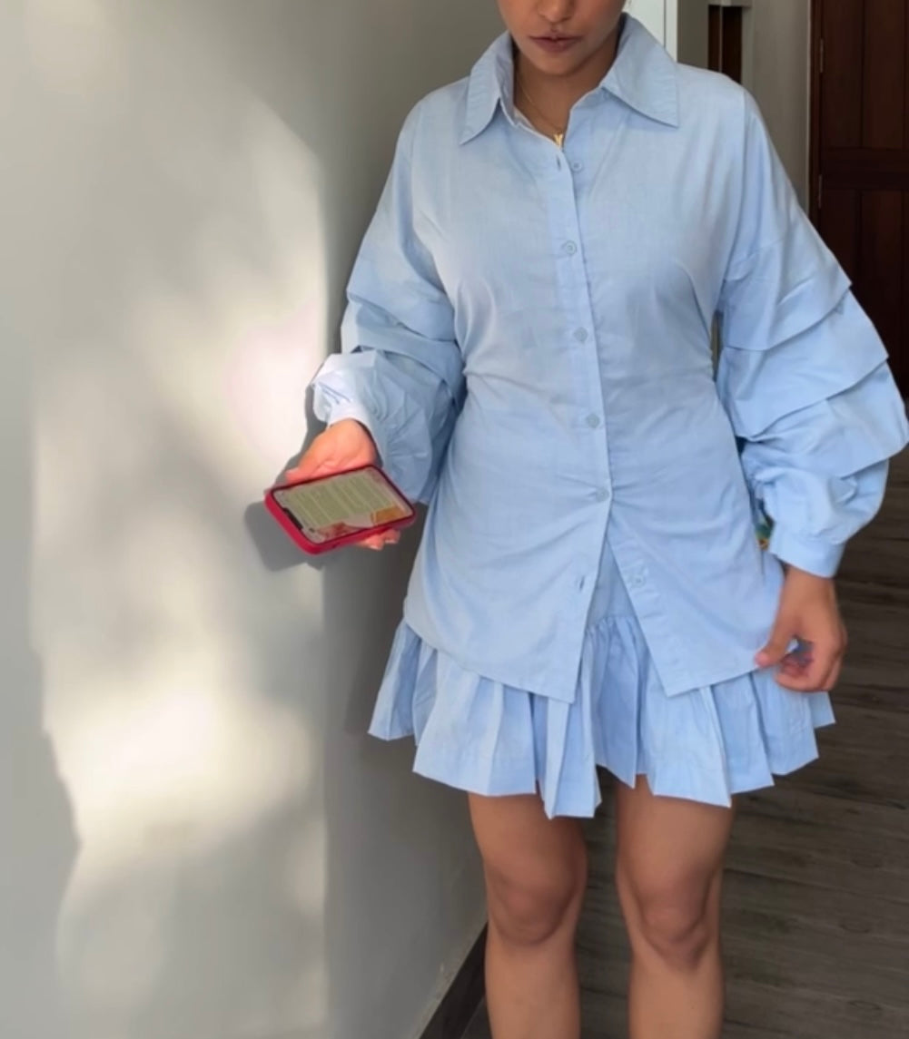 Ice Blue Cotton Poplin Ruffle Skort Set