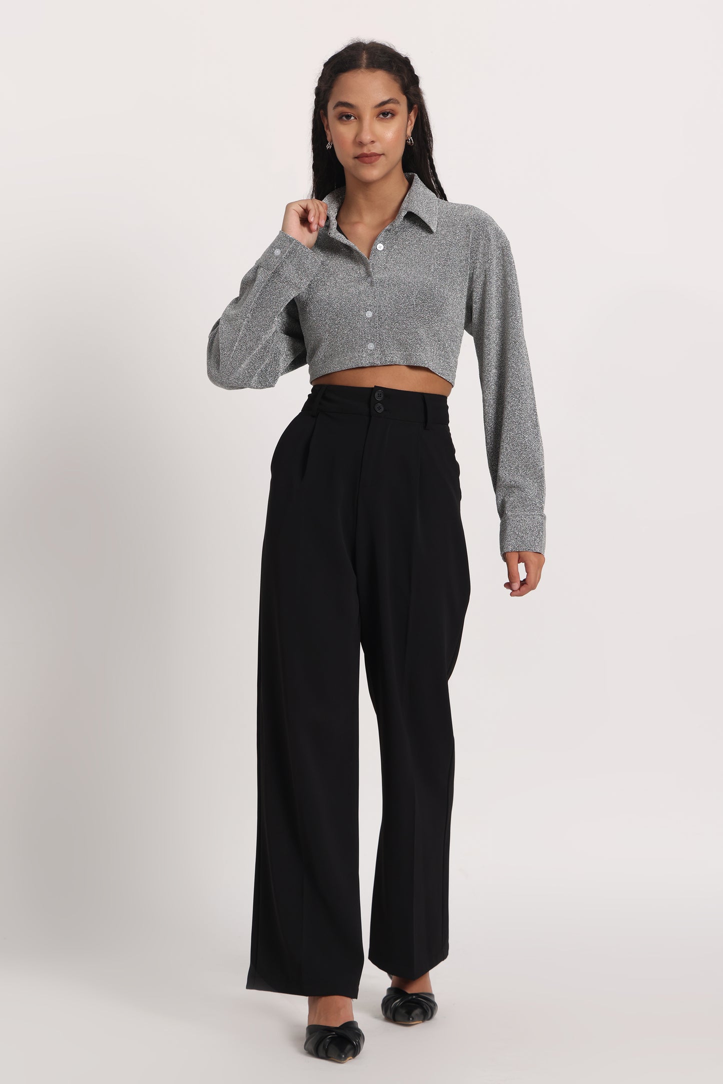 Silver Cotton Shimmer Crop Shirt