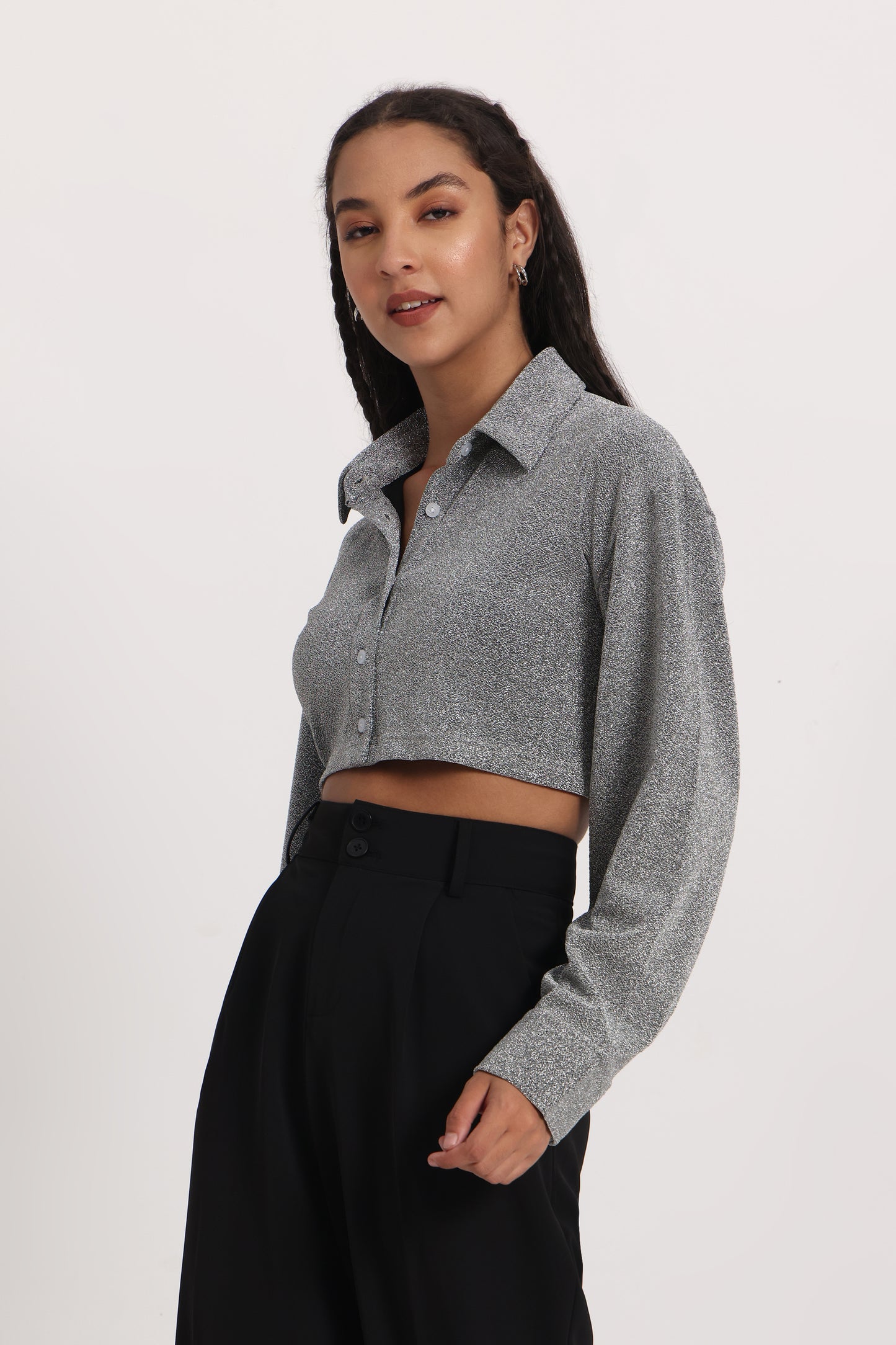 Silver Cotton Shimmer Crop Shirt
