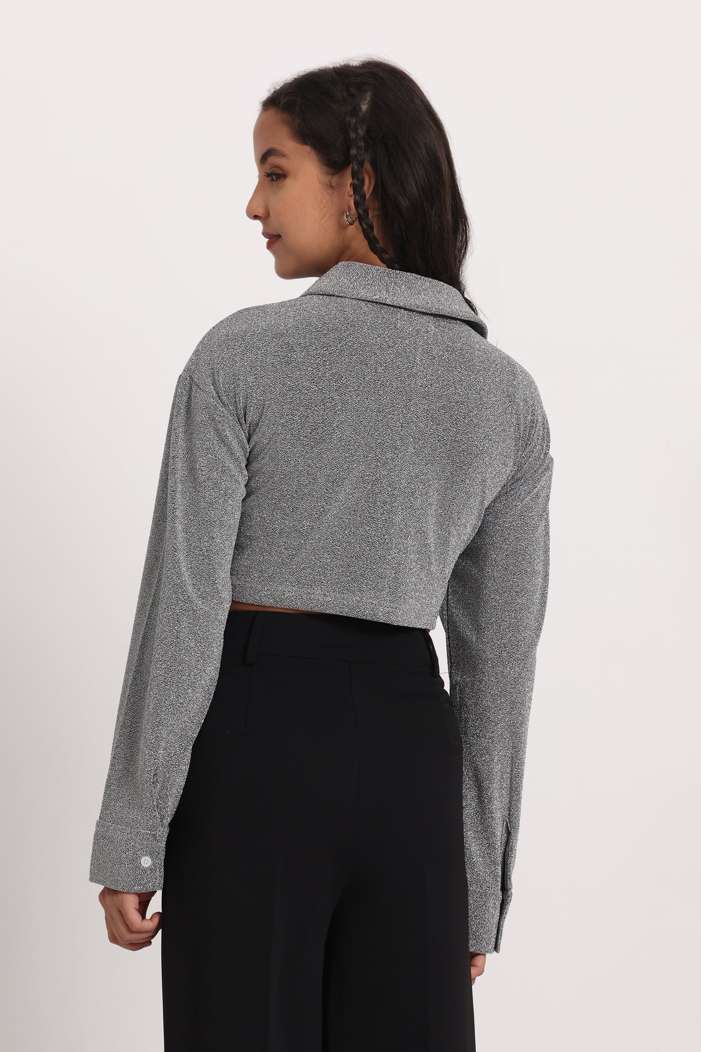 Silver Cotton Shimmer Crop Shirt