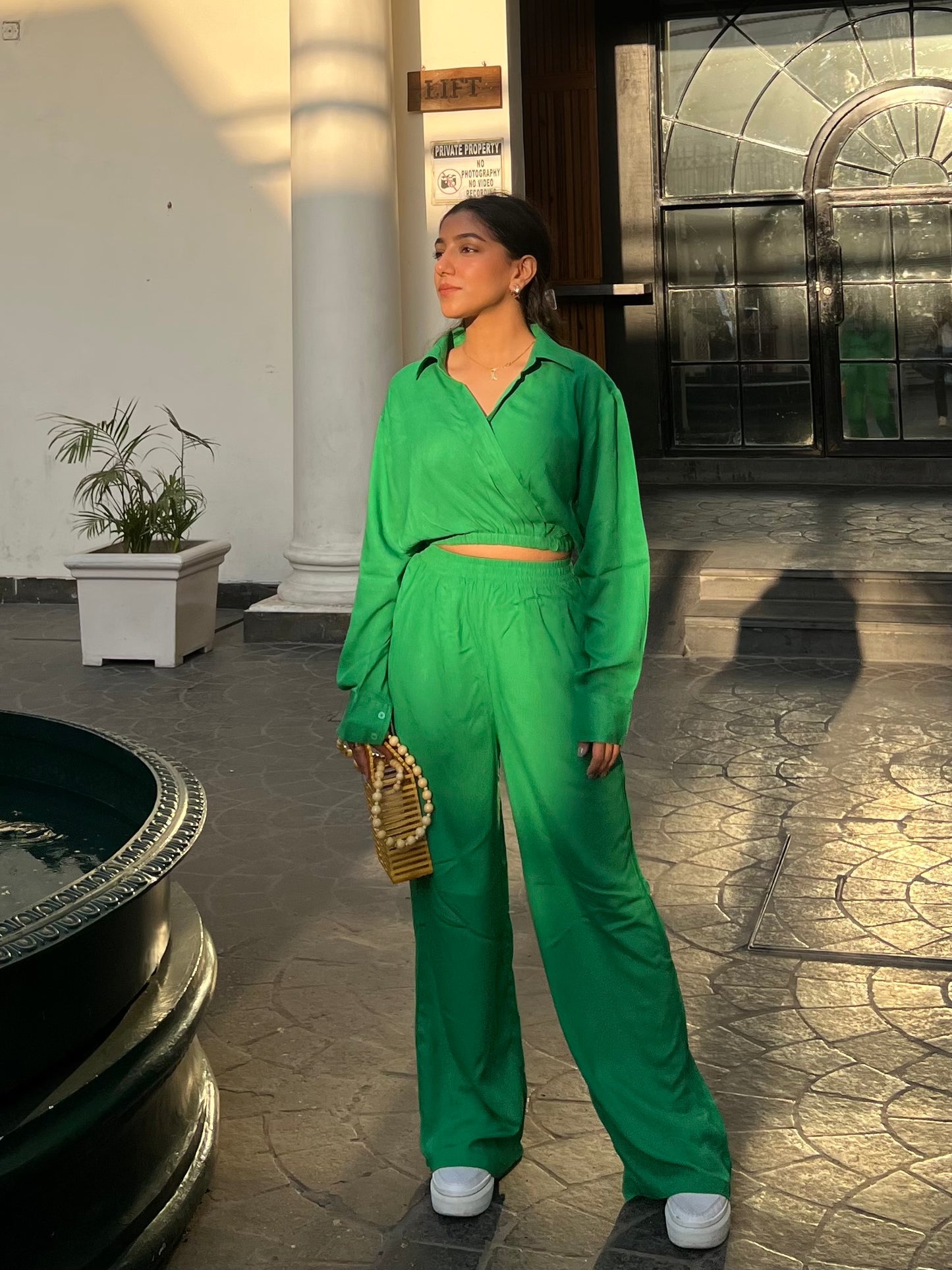 Crinkled Green Crop Shirt Set
