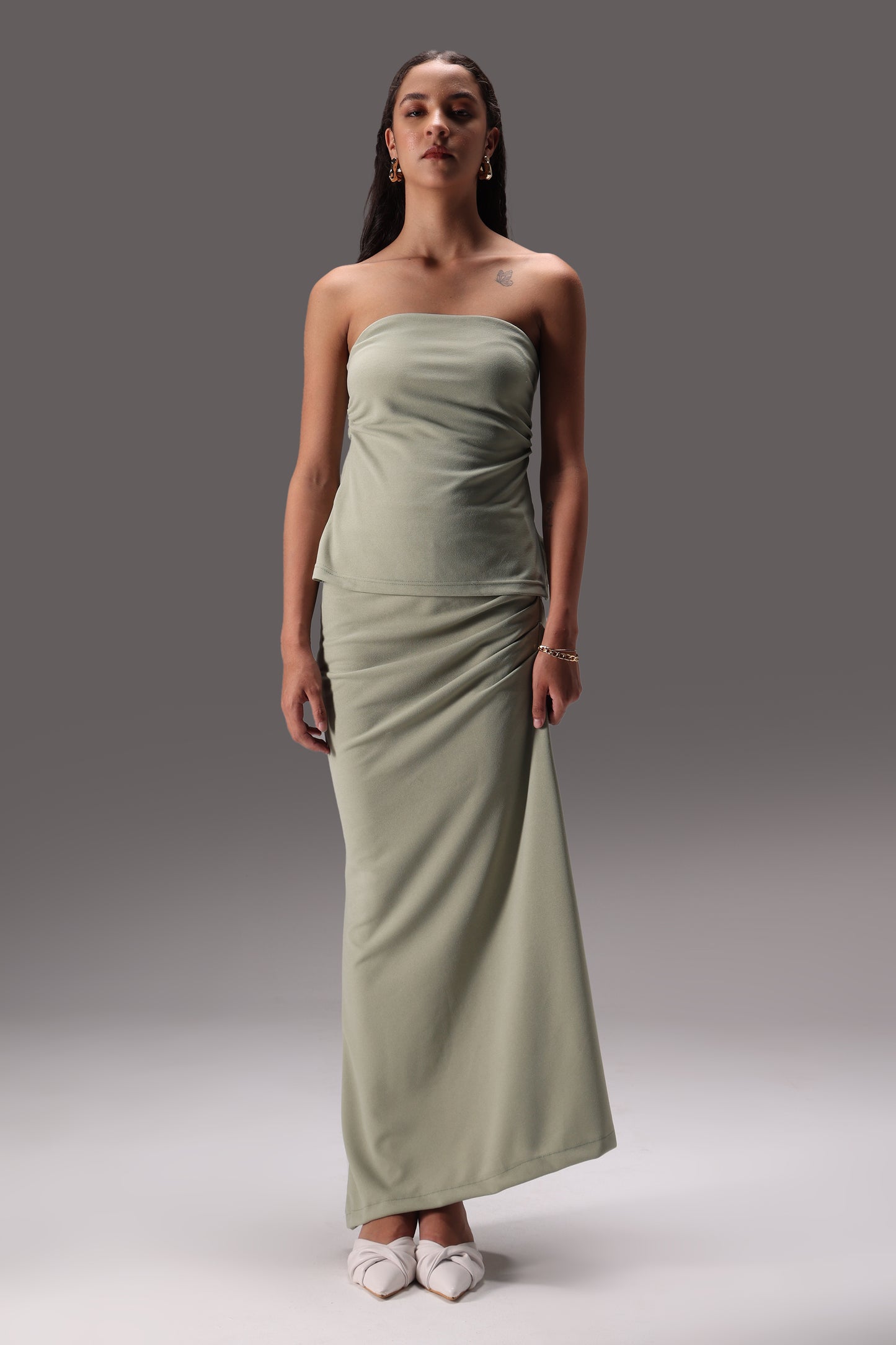 Sage Ruched Tube Crepe Skirt Set