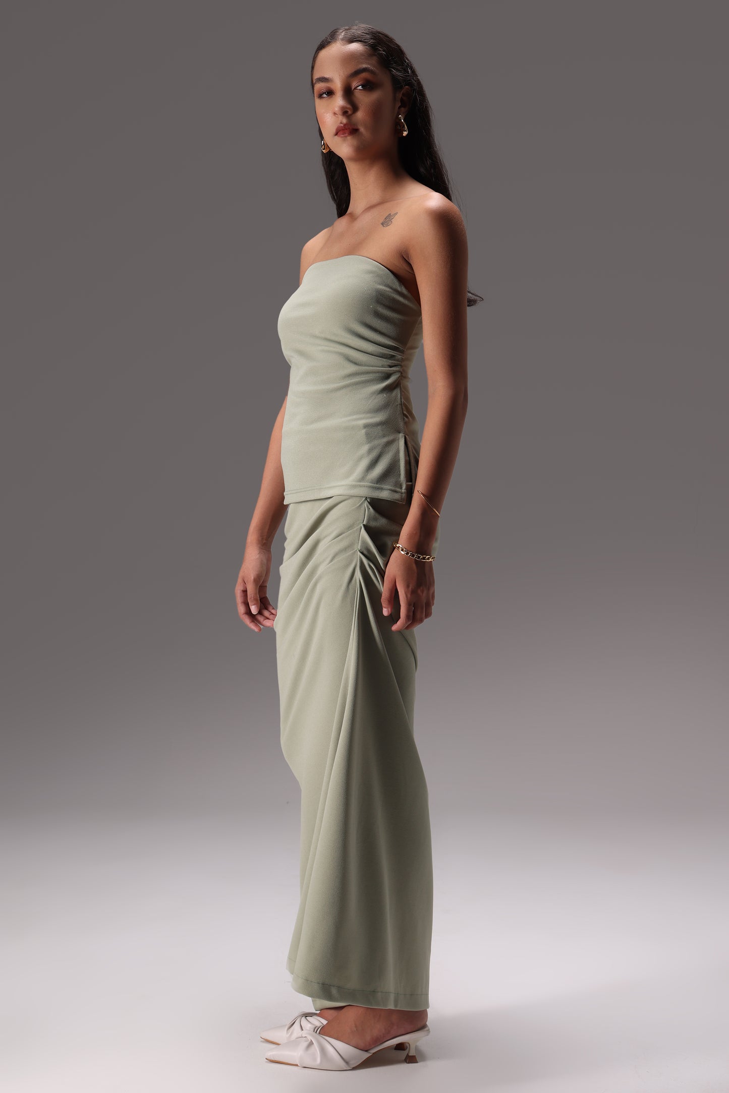 Sage Ruched Tube Crepe Skirt Set