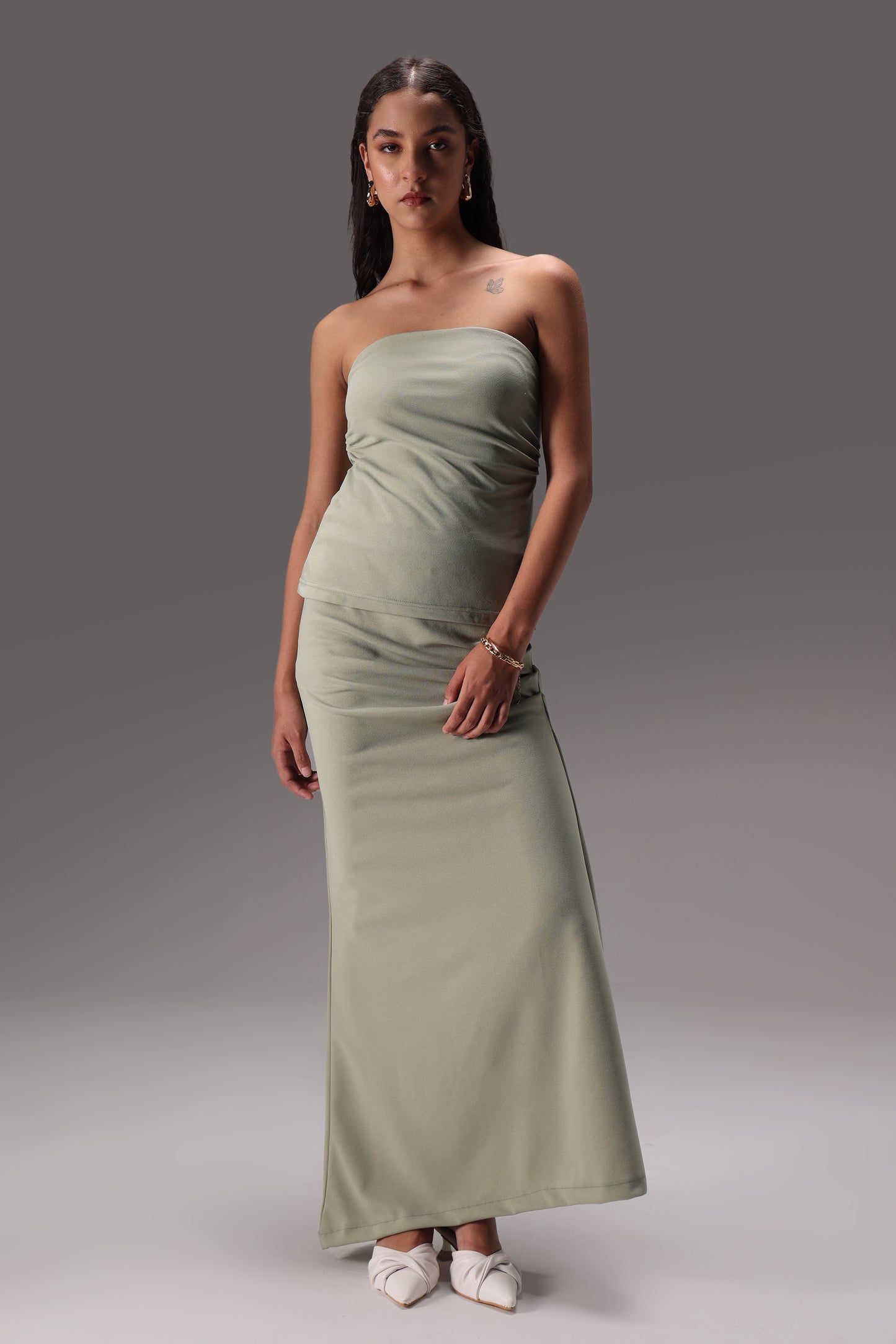 Sage Ruched Tube Crepe Skirt Set