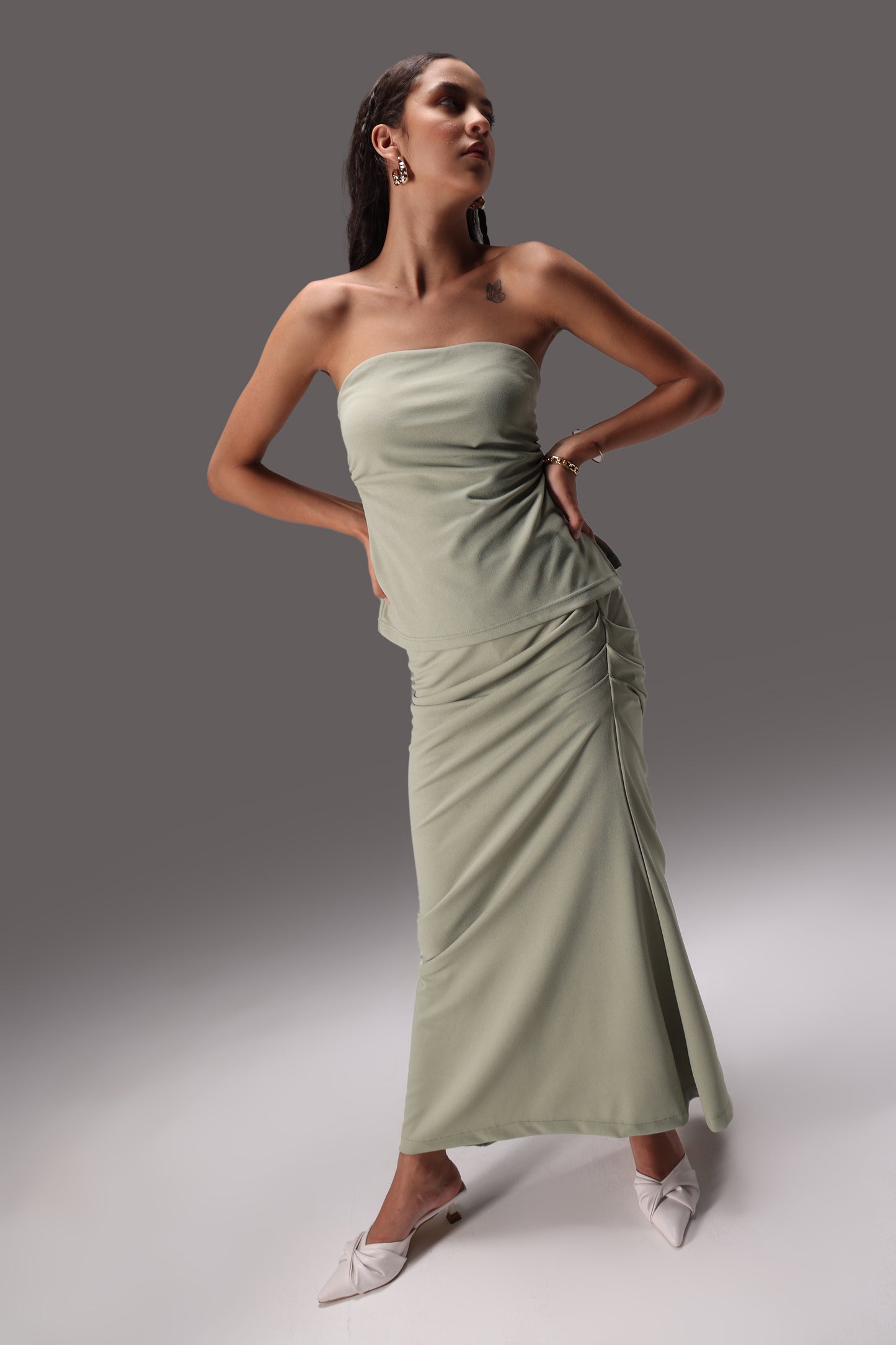 Sage Ruched Tube Crepe Skirt Set