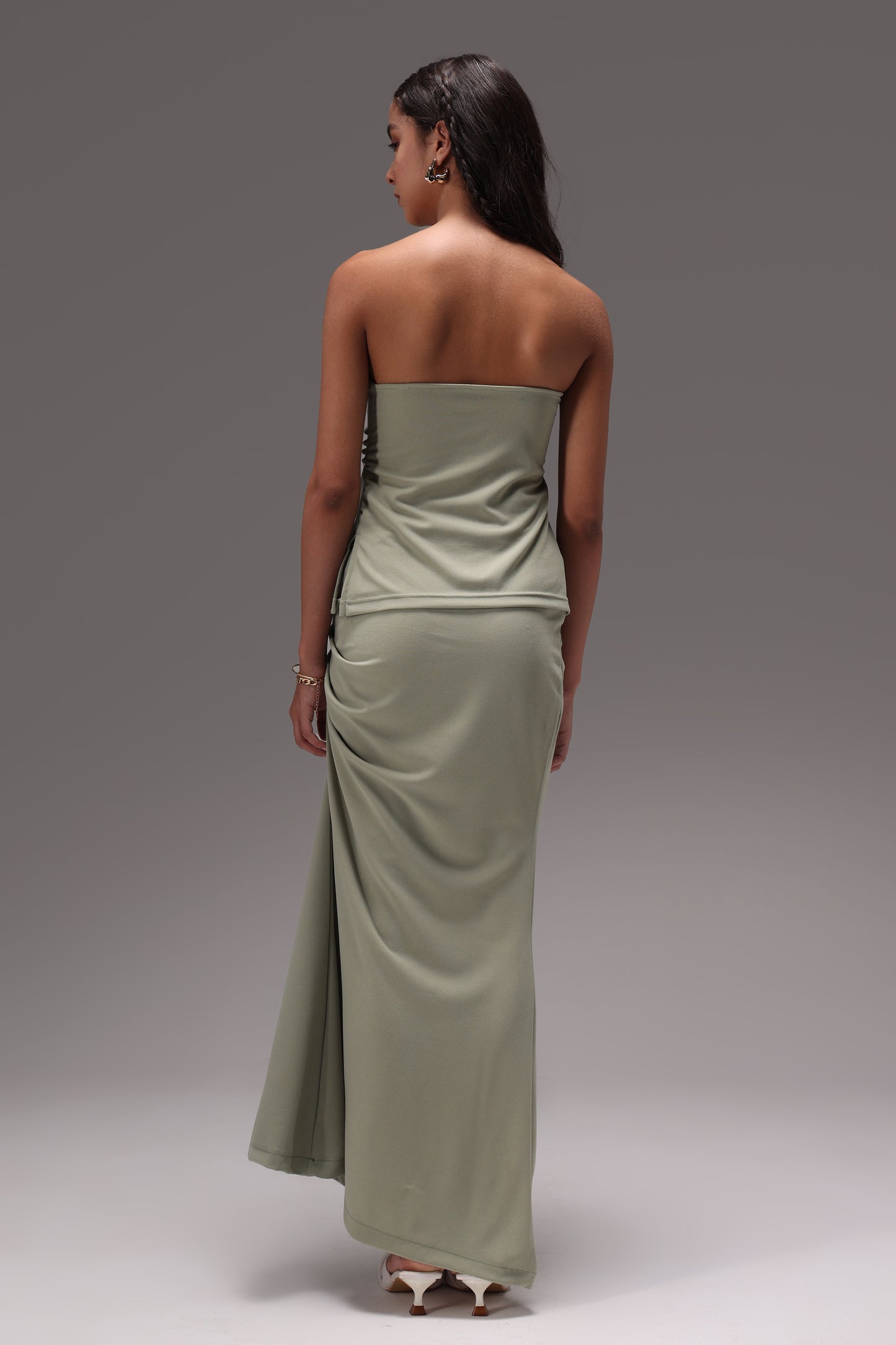 Sage Ruched Tube Crepe Skirt Set