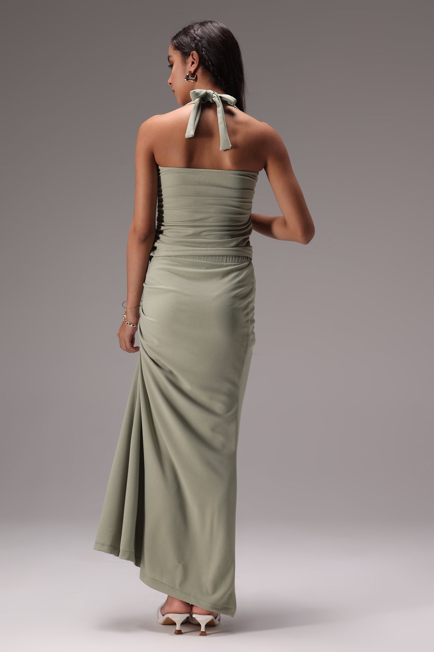 Sage Ruched Halter Crepe Skirt Set
