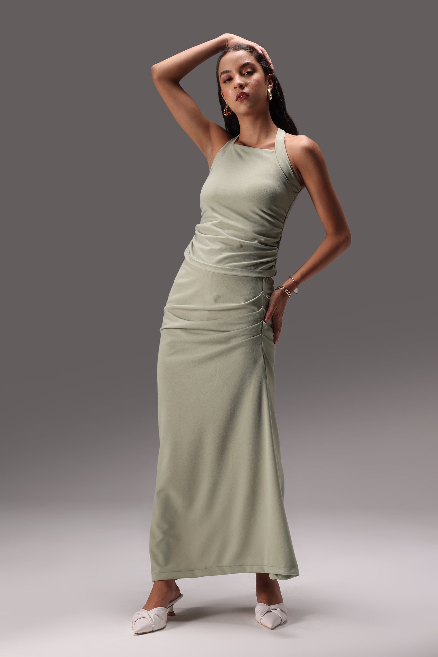 Sage Ruched Halter Crepe Skirt Set