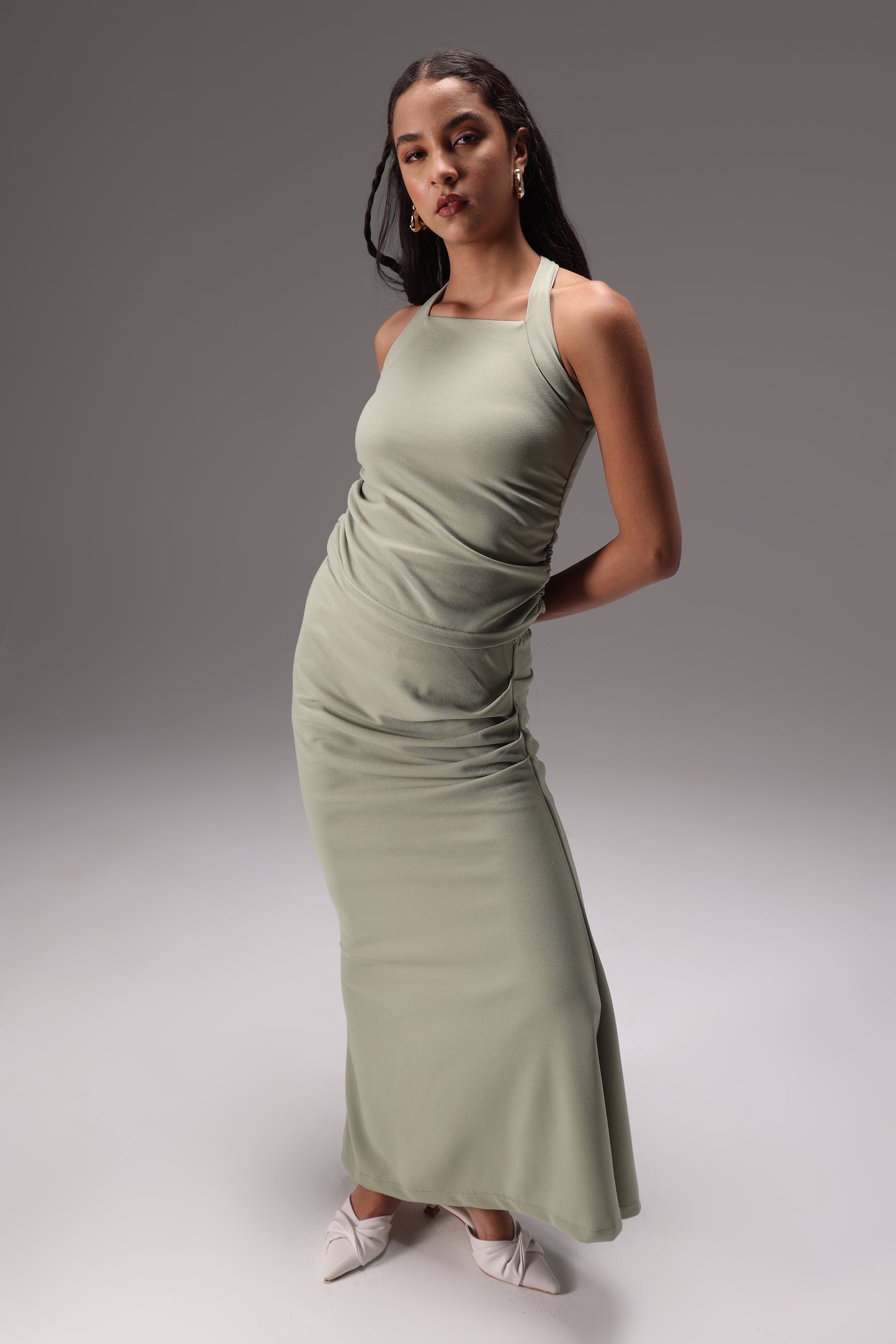 Sage Ruched Halter Crepe Skirt Set