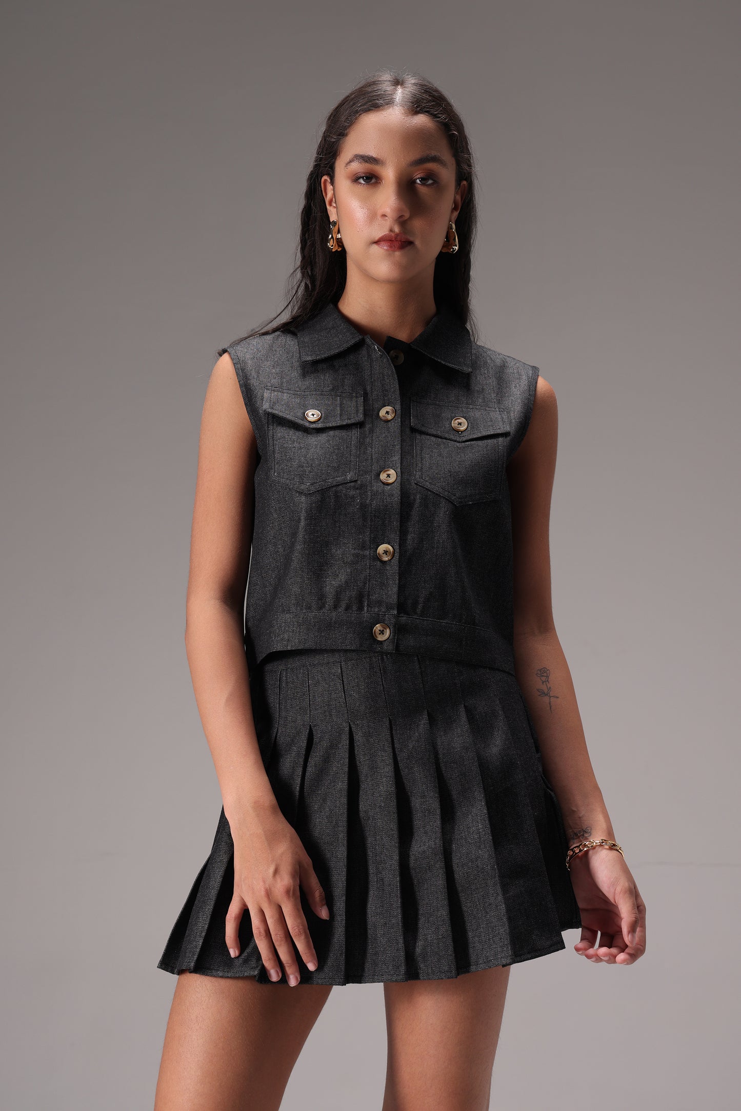 Noir Soft Cotton Denim Skort Set