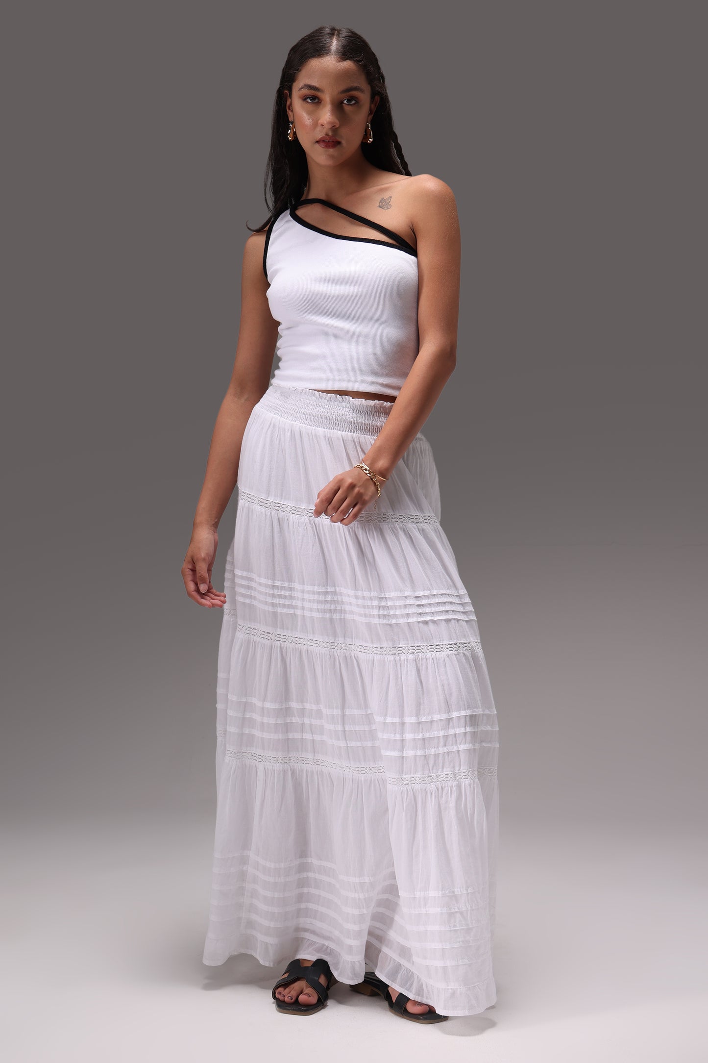 Yin Yang One Shoulder Rib Top & Cotton Skirt Set