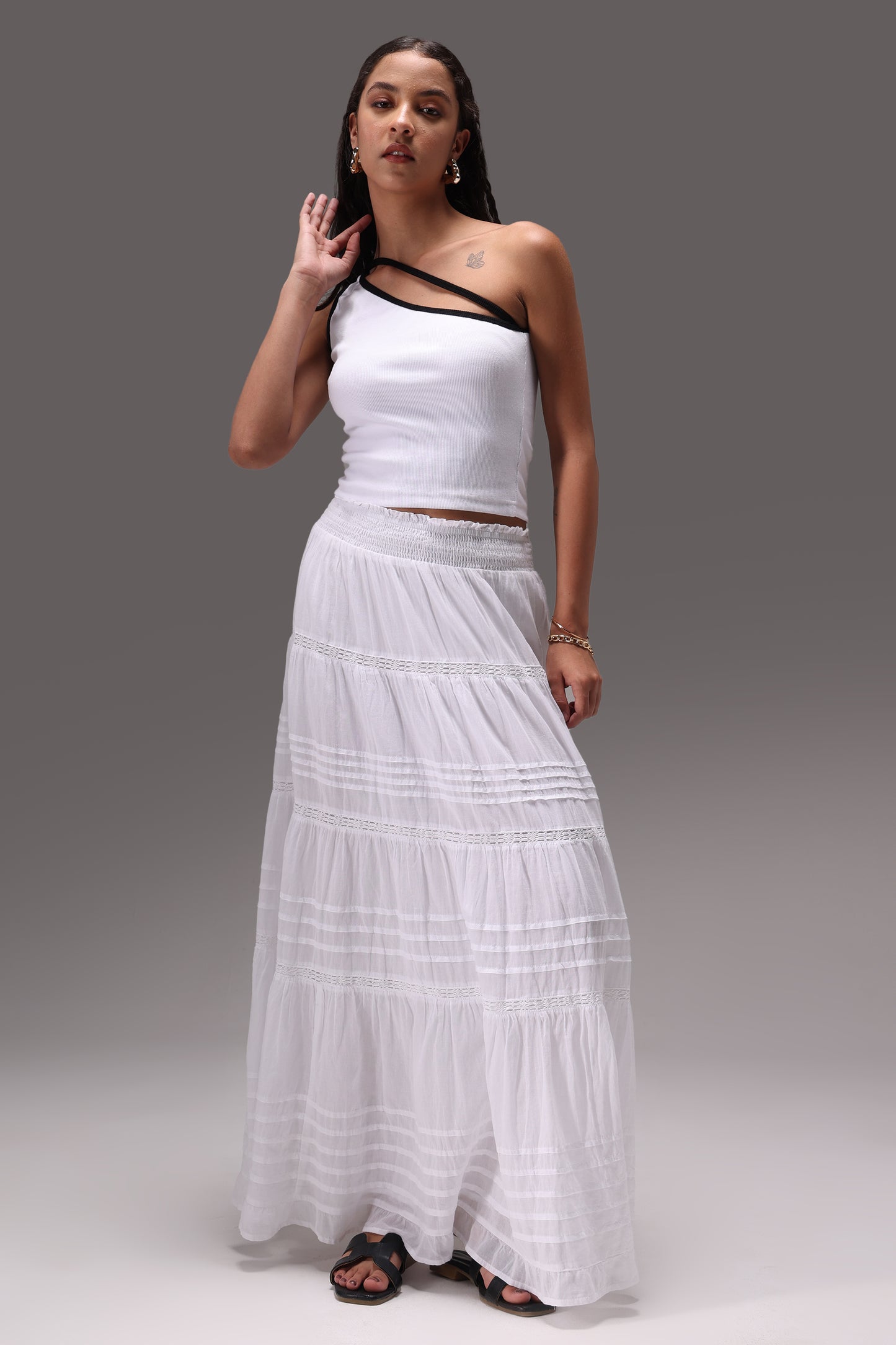 Yin Yang One Shoulder Rib Top & Cotton Skirt Set