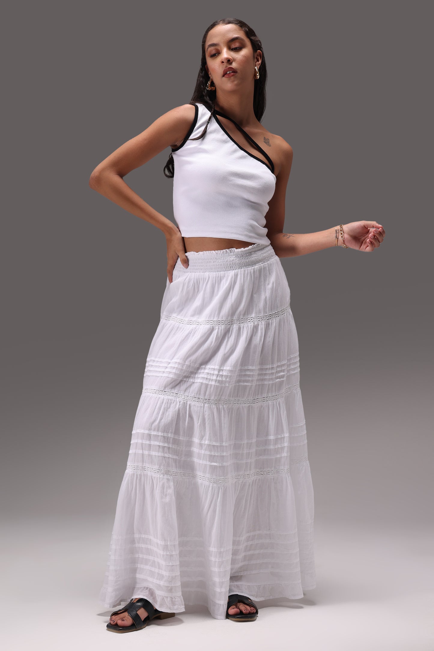 Yin Yang One Shoulder Rib Top & Cotton Skirt Set