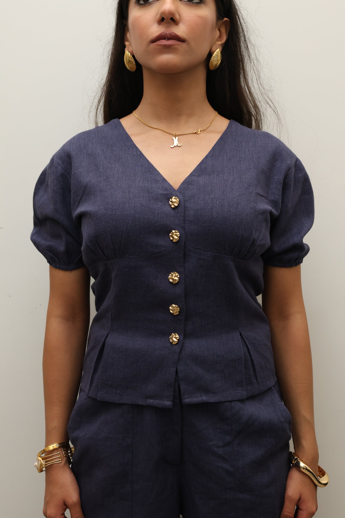 Navy Blue Cotton Linen Blend Sculpted Set