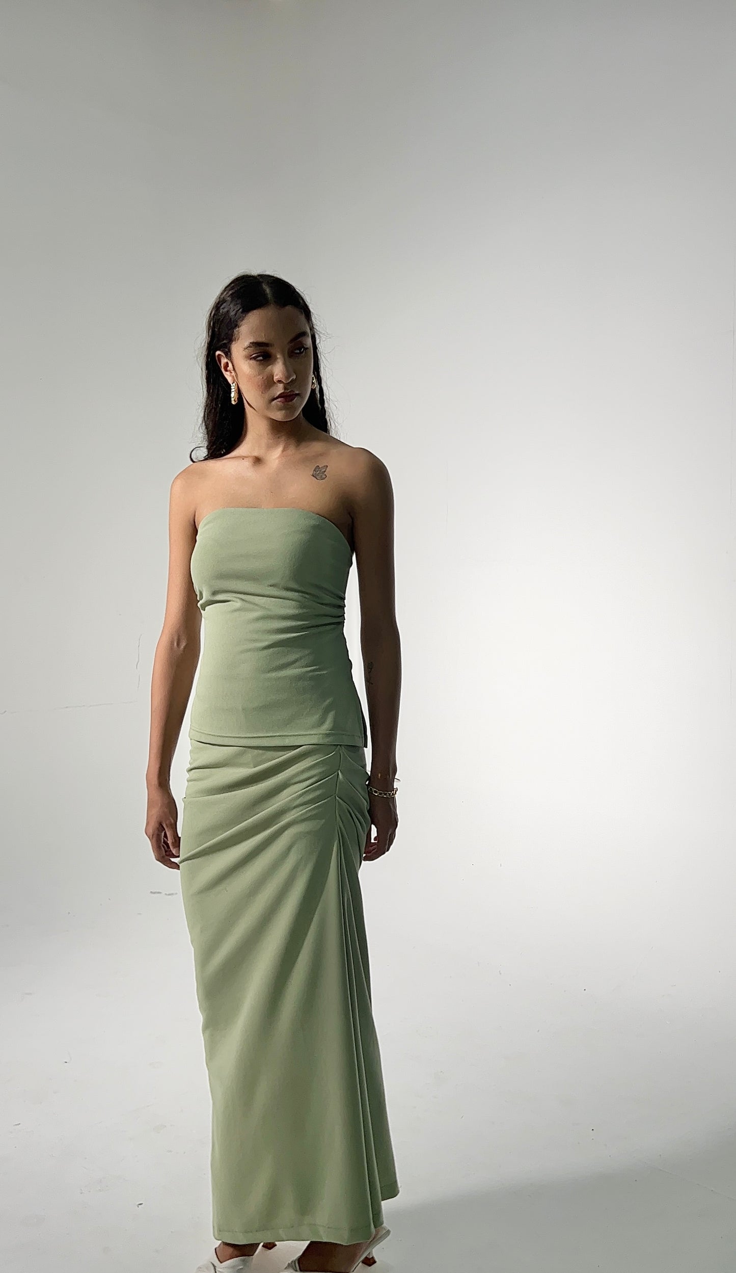 Sage Ruched Tube Crepe Skirt Set