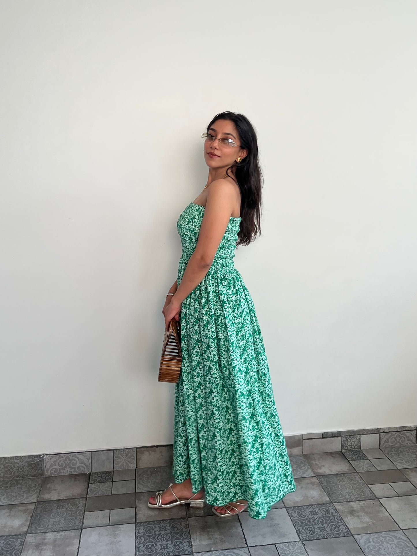 Tube smocking green print dress