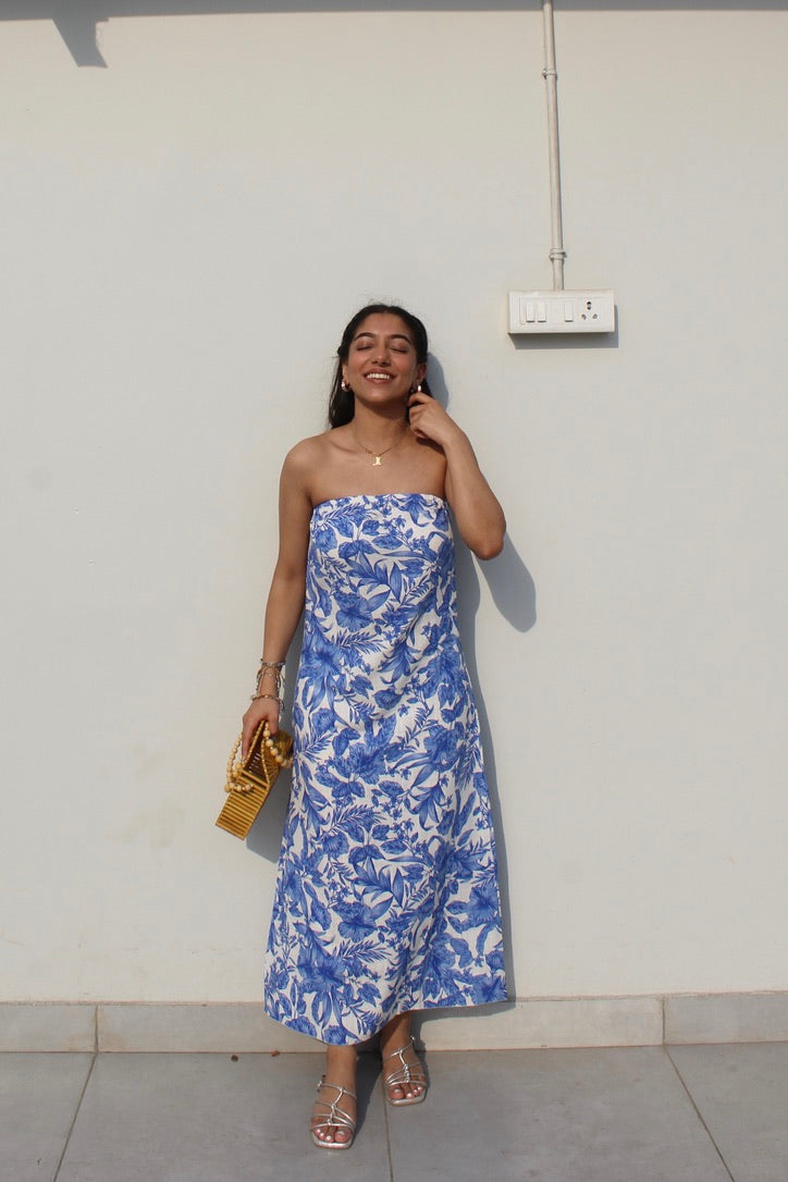 Printed Tube Cotton Linen Blend Dress