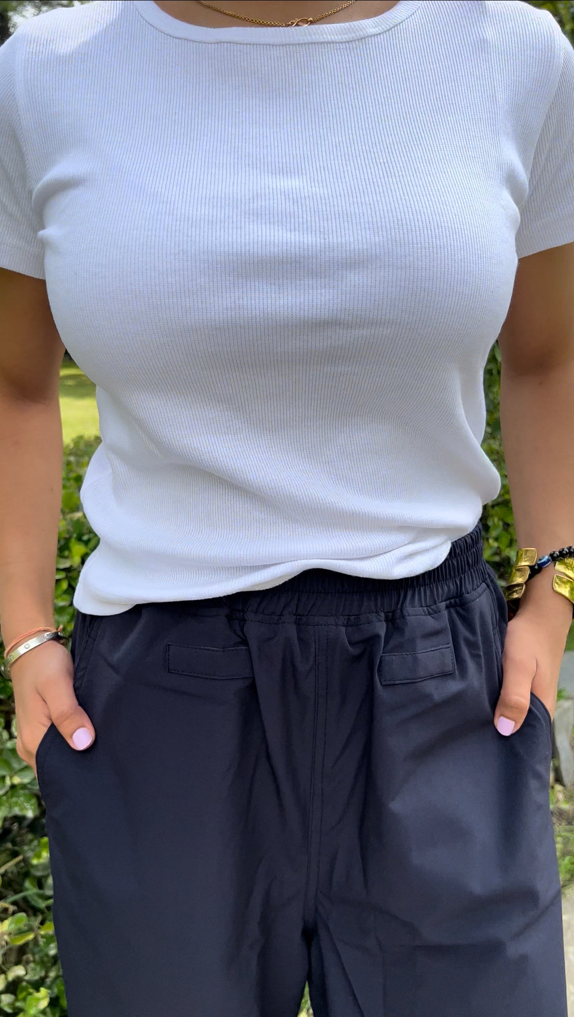 White Rib Tshirt & Navy Blue Parachute Cargo Co-ord