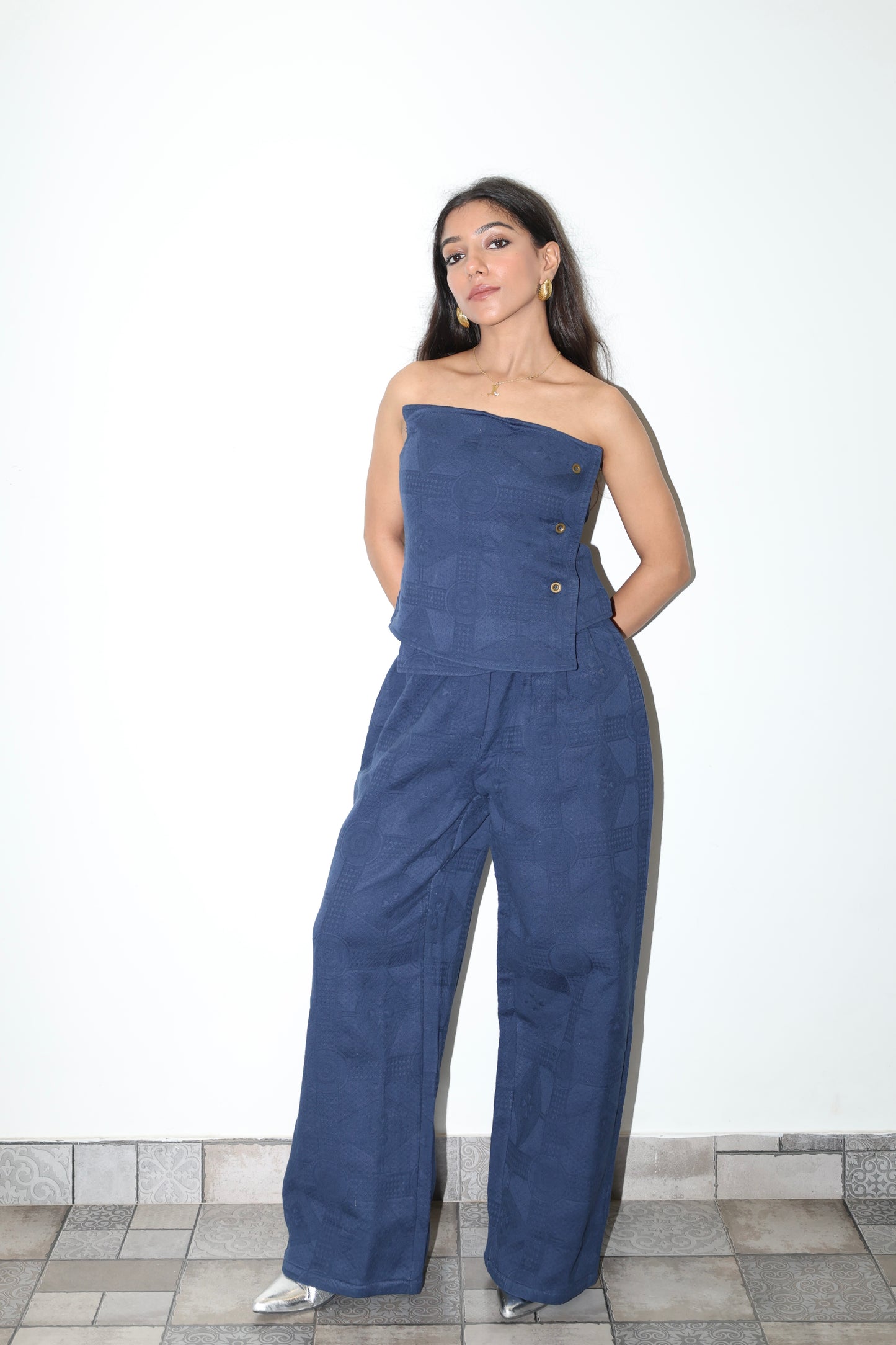 Lightweight Jacquard Strapless Corset Barrel Pant Set