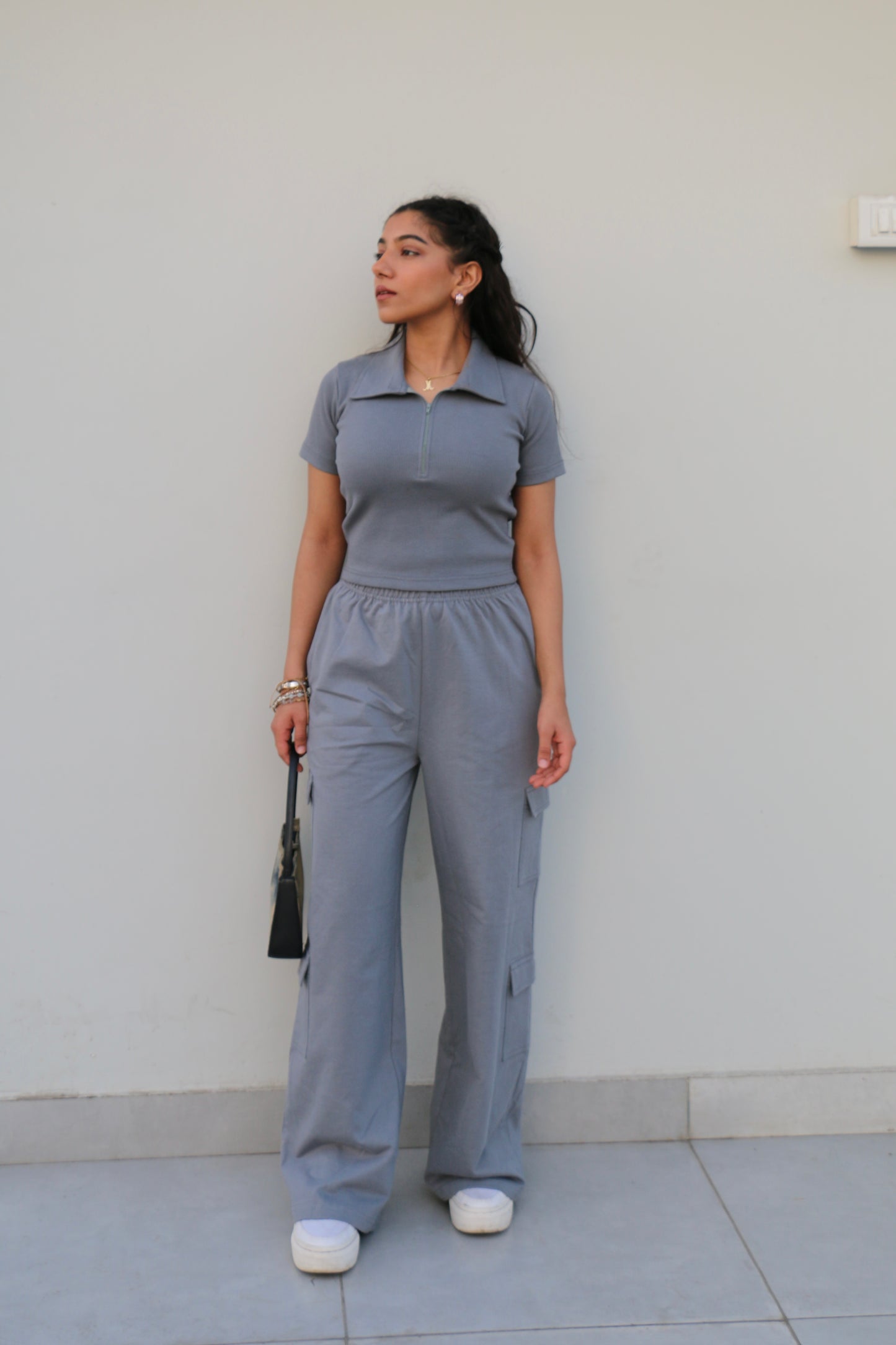 Grey Half Sleeves French Terry Cargo Co-ord