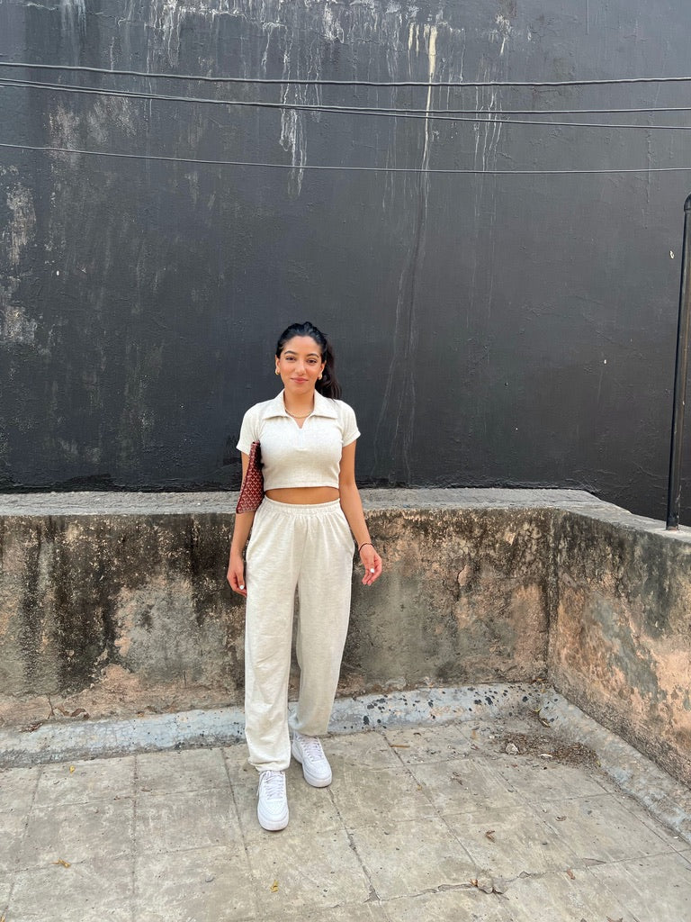 Off White Melange French Terry Zip Co-ord