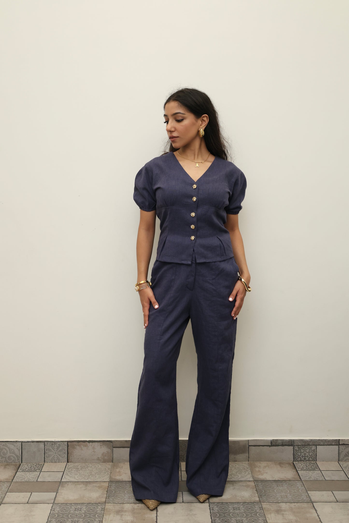 Navy Blue Cotton Linen Blend Sculpted Set