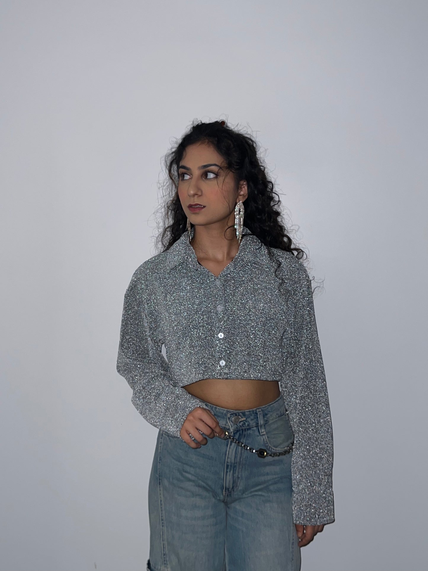 Silver Cotton Shimmer Crop Shirt