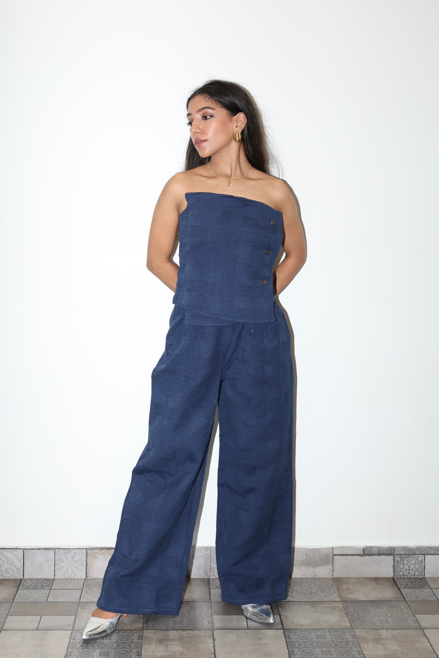 Lightweight Jacquard Strapless Corset Barrel Pant Set