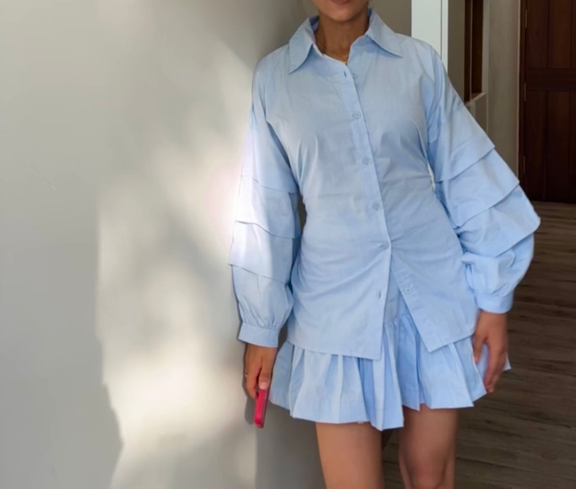 Ice Blue Cotton Poplin Ruffle Skort Set
