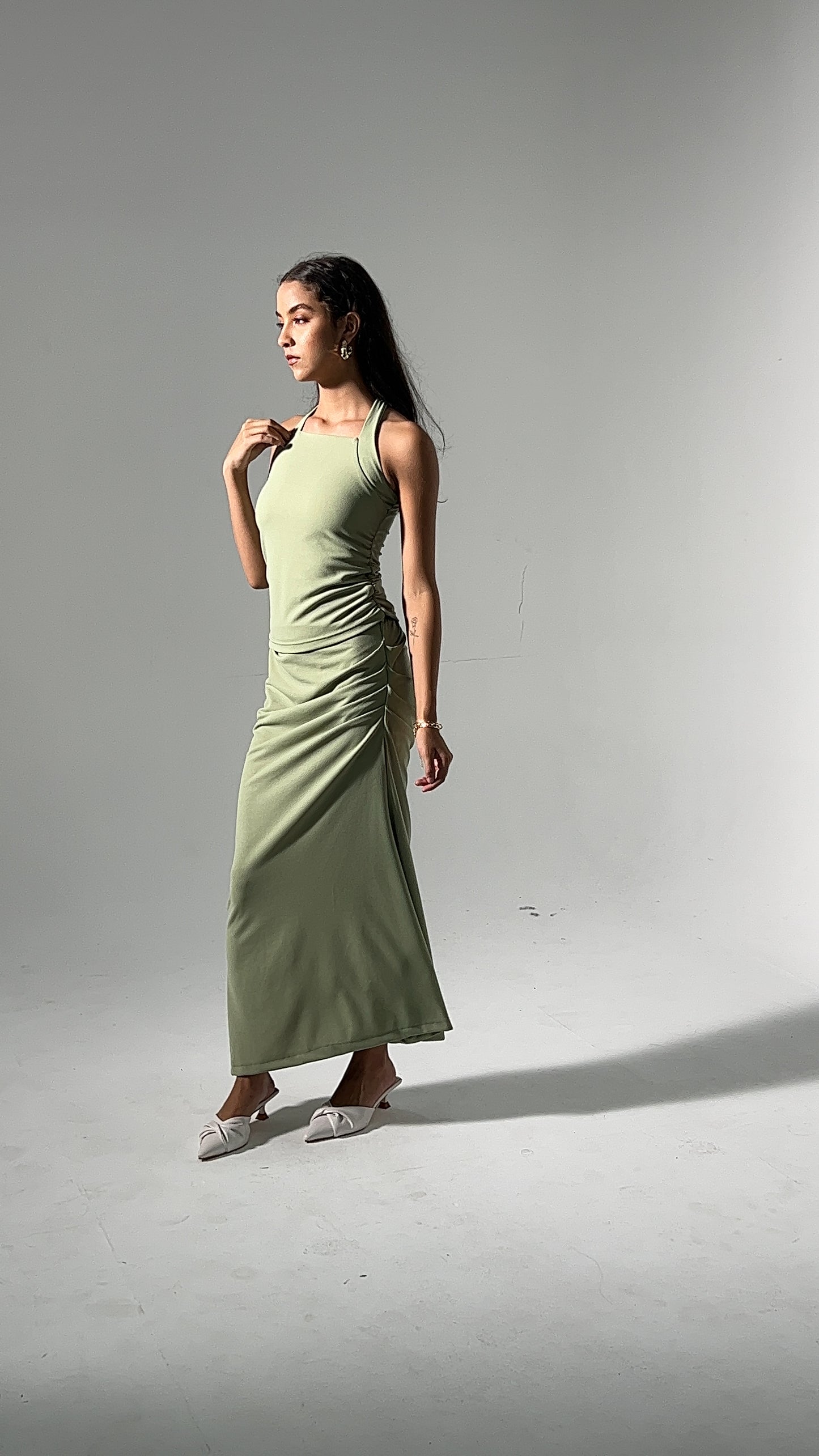 Sage Ruched Halter Crepe Skirt Set