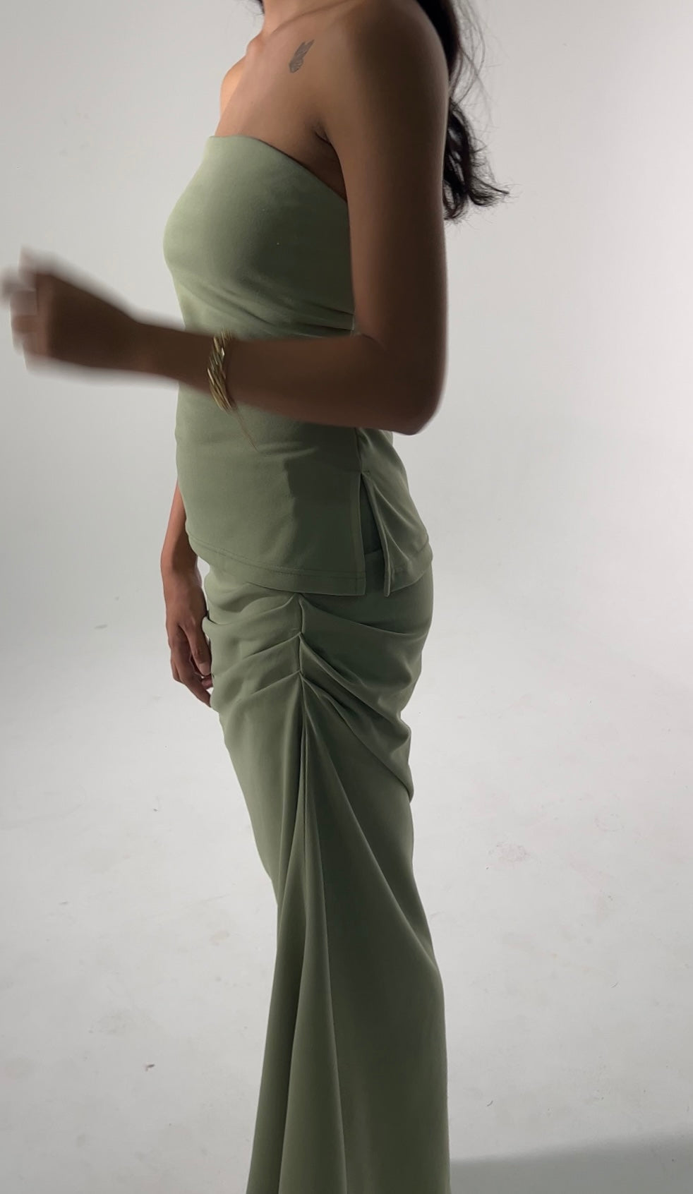 Sage Ruched Tube Crepe Skirt Set