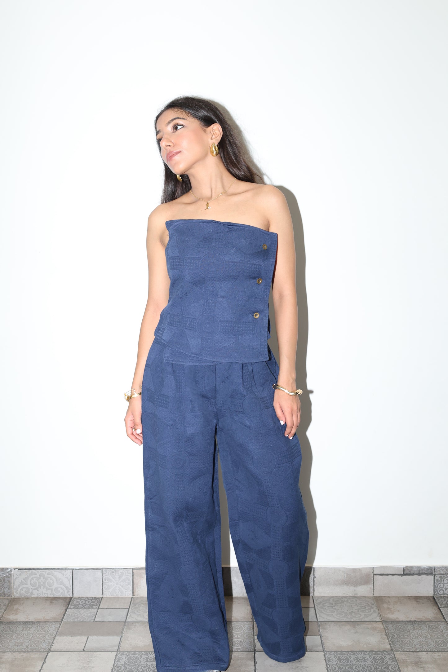 Lightweight Jacquard Strapless Corset Barrel Pant Set