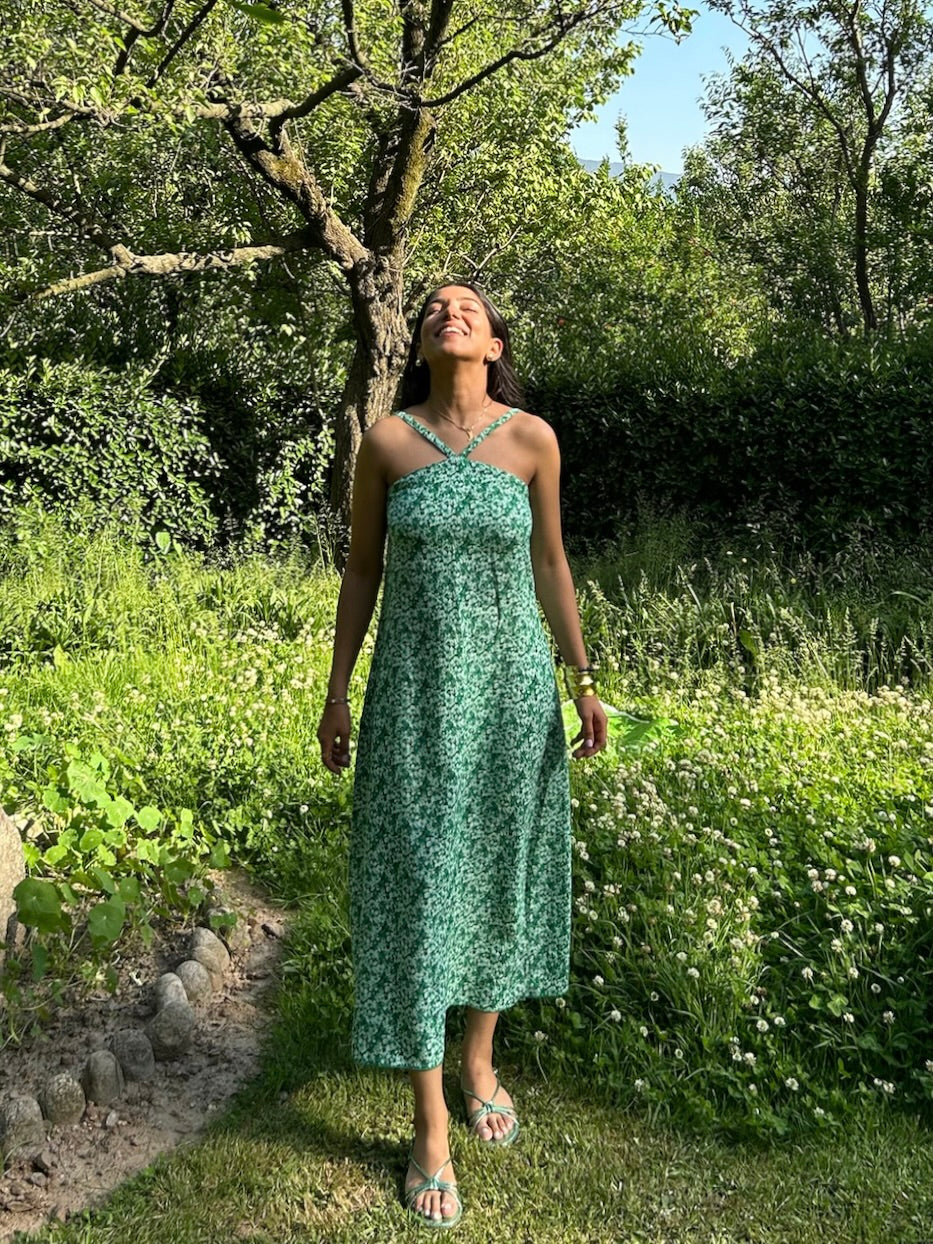 Halter Cotton Linen Blend Printed Dress