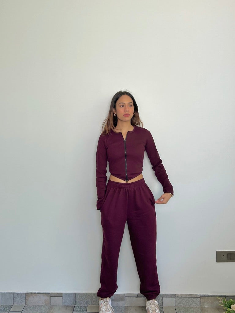 Cotton Fleece Wine Jogger Set