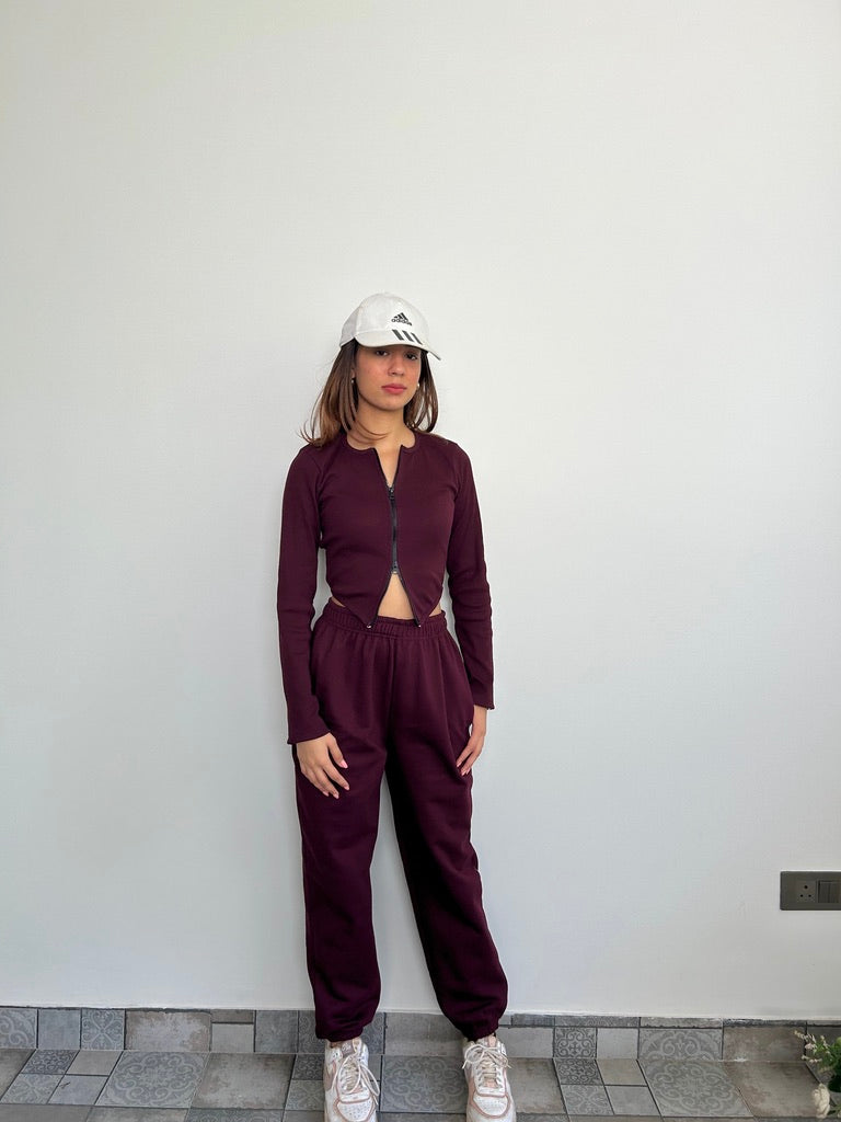 Cotton Fleece Wine Jogger Set