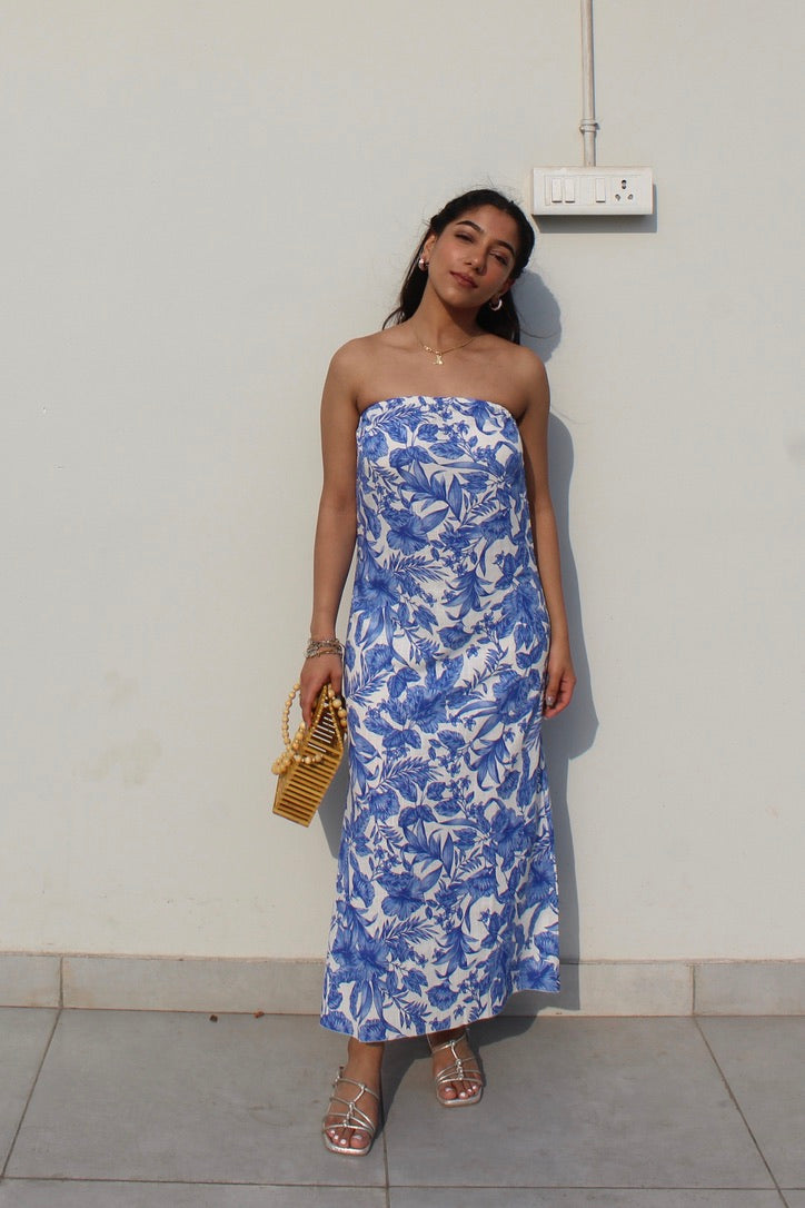 Printed Tube Cotton Linen Blend Dress