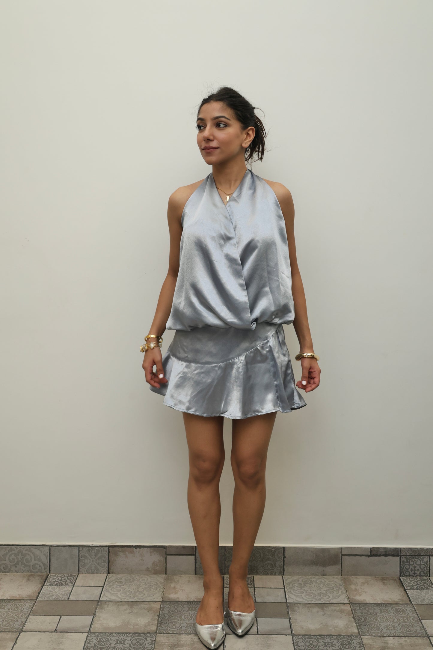 Subtle Silver Luxe Satin SKORT Set