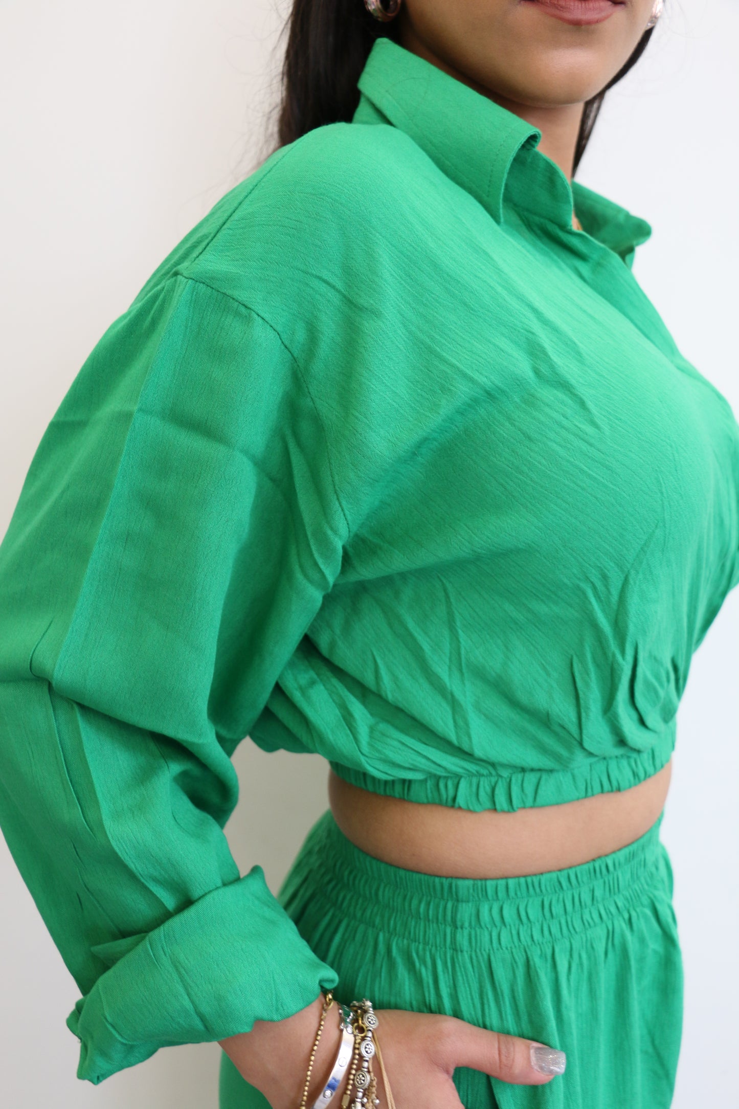 Crinkled Green Crop Shirt Set