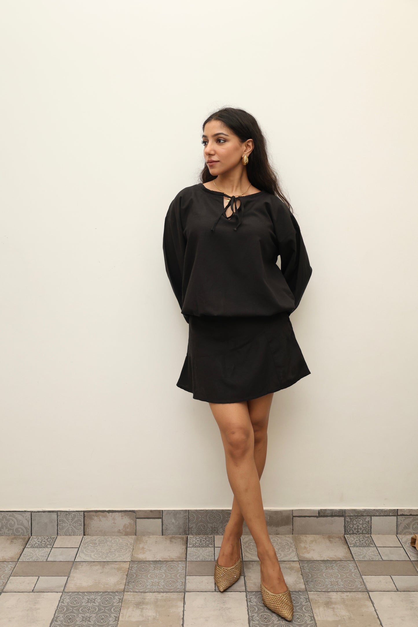 Black Cotton Linen Blend SKORT Set