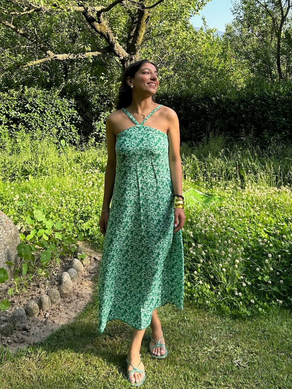 Halter Cotton Linen Blend Printed Dress