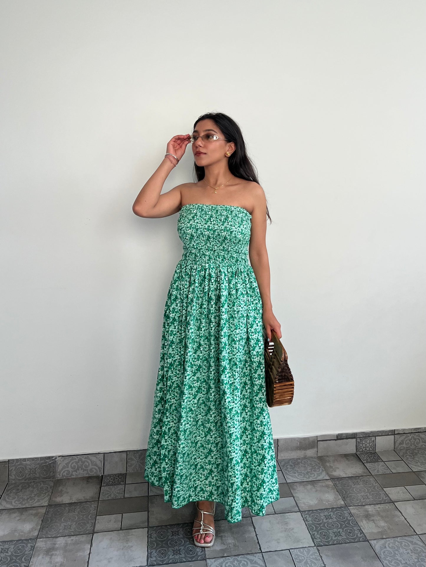 Tube smocking green print dress
