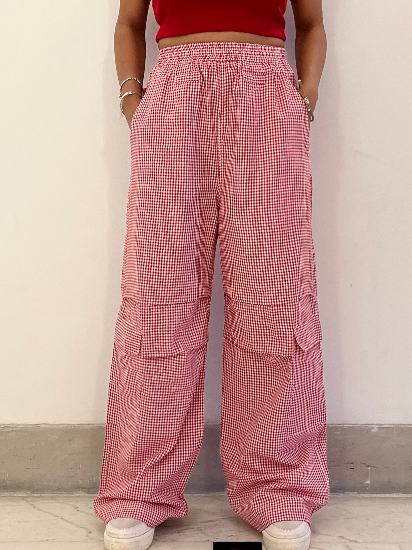 Red Half Sleeves Gingham Pant Set