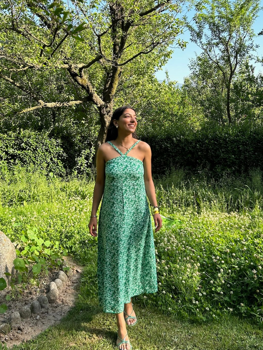 Halter Cotton Linen Blend Printed Dress