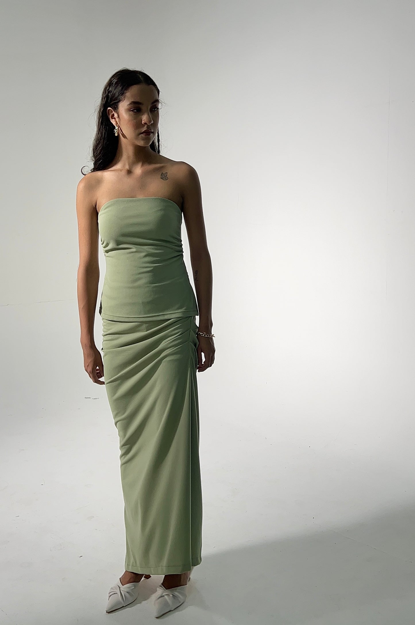 Sage Ruched Tube Crepe Skirt Set
