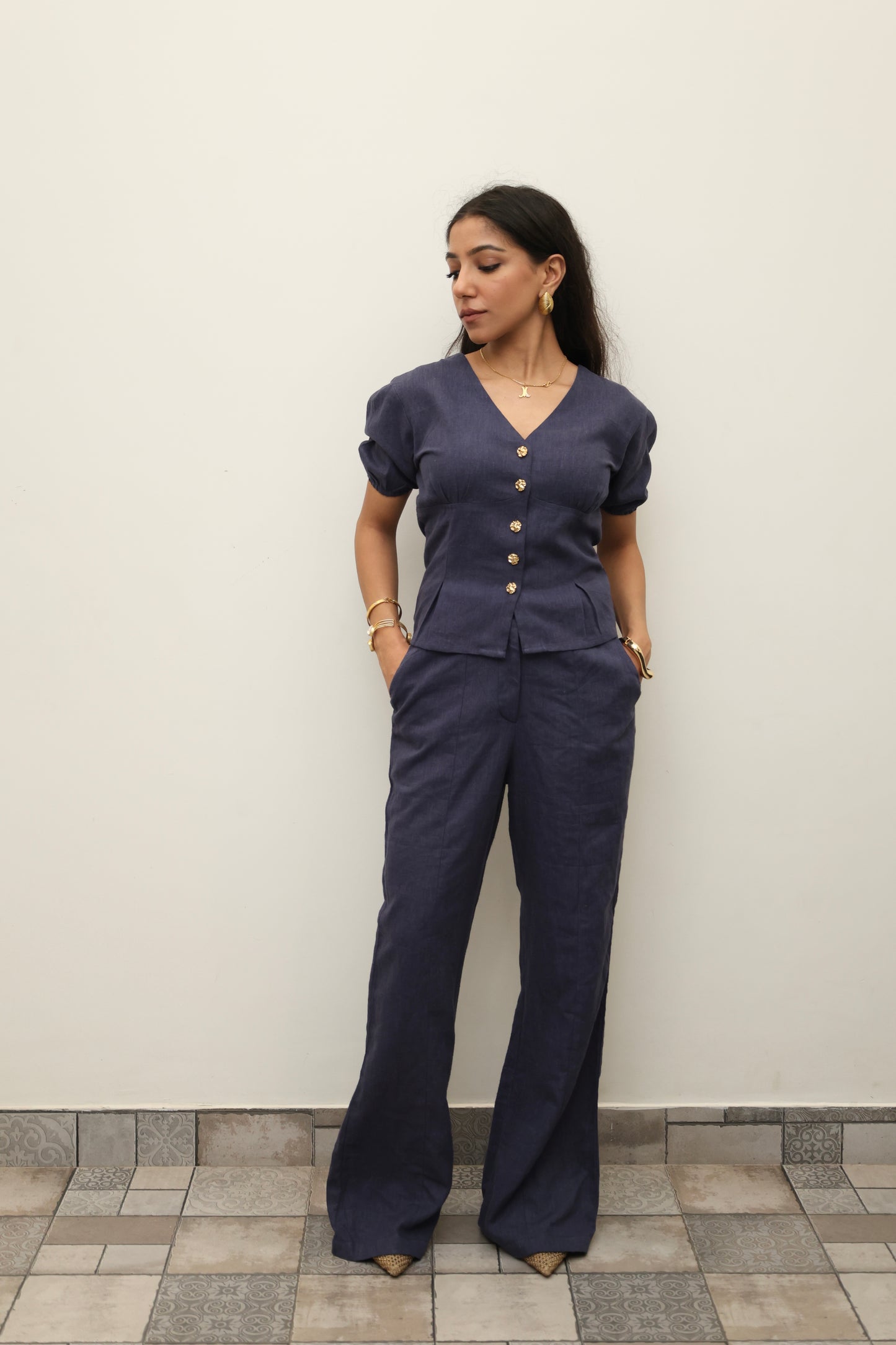 Navy Blue Cotton Linen Blend Sculpted Set