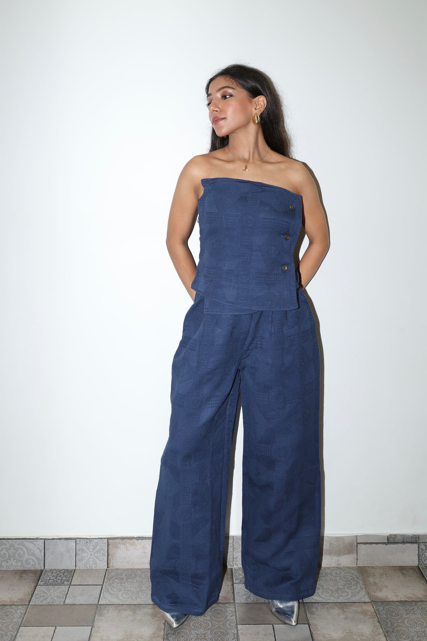 Lightweight Jacquard Strapless Corset Barrel Pant Set