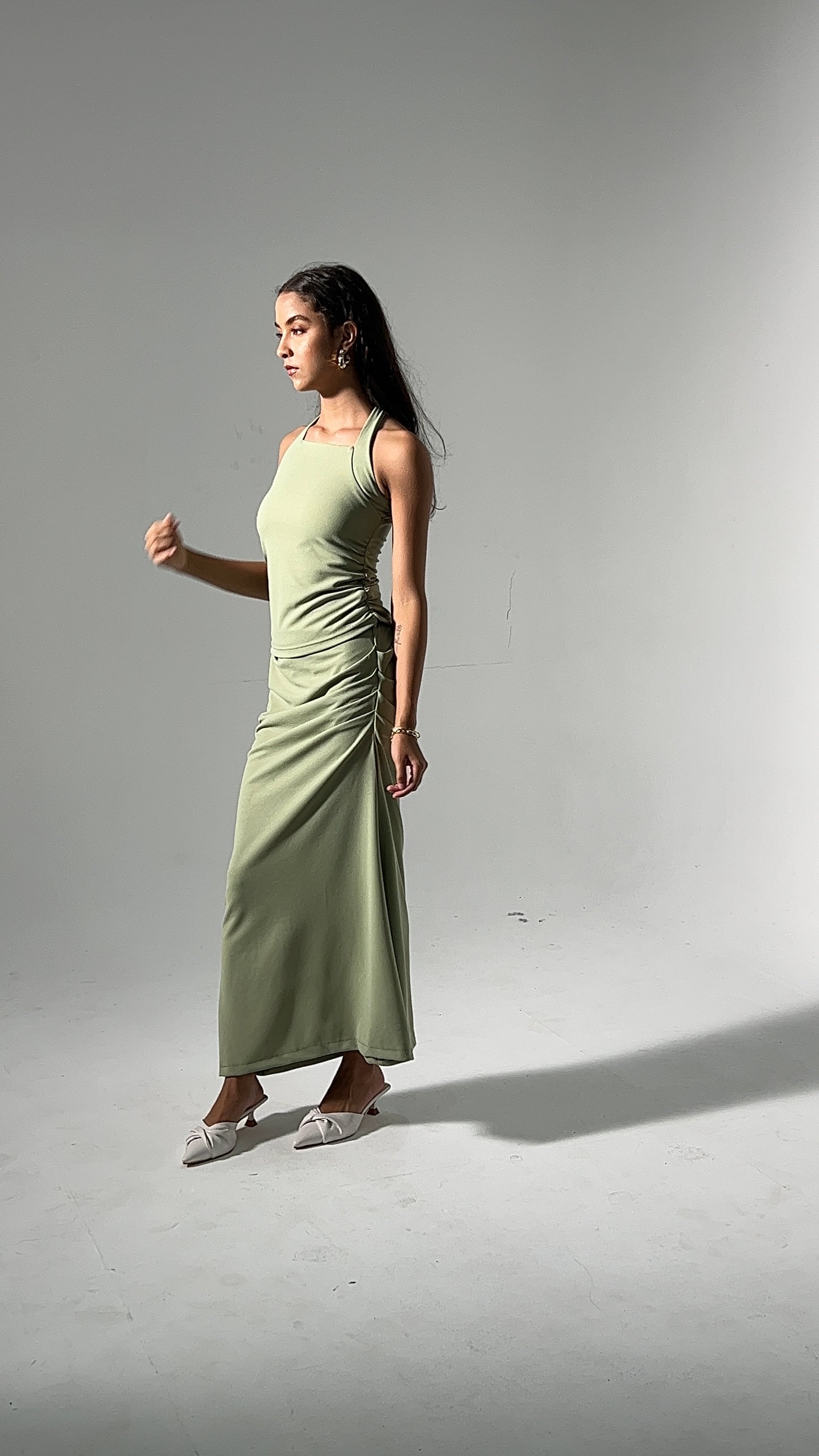 Sage Ruched Halter Crepe Skirt Set