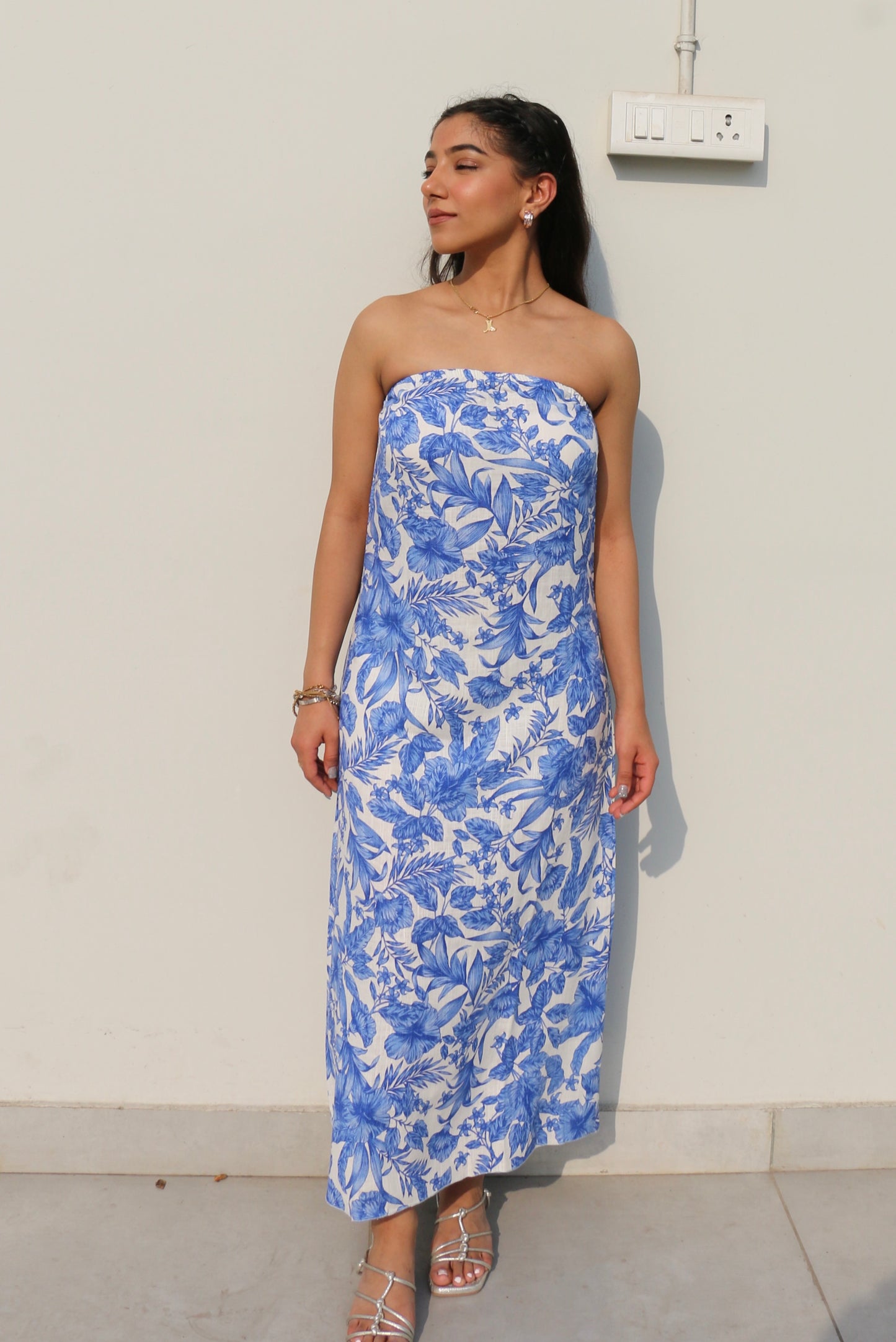 Printed Tube Cotton Linen Blend Dress